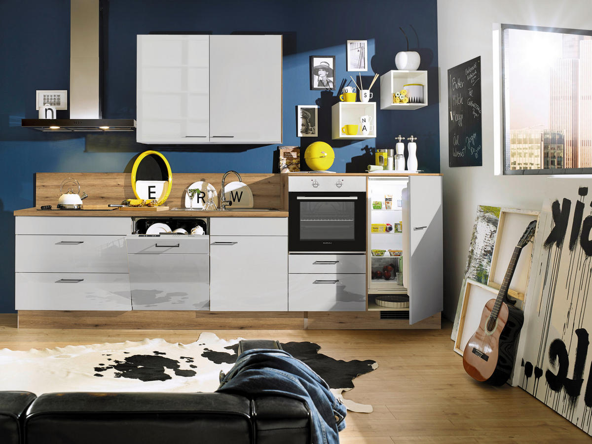 KÜCHENBLOCK 330 cm   in Eichefarben, Grau Hochglanz  - Eichefarben/Grau Hochglanz, Design, Holzwerkstoff/Metall (330cm) - Xora