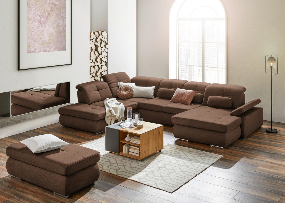 WOHNLANDSCHAFT  in Mikrofaser Haselnussfarben  - Chromfarben/Haselnussfarben, Design, Holzwerkstoff/Textil (260/371/195cm) - Beldomo Style