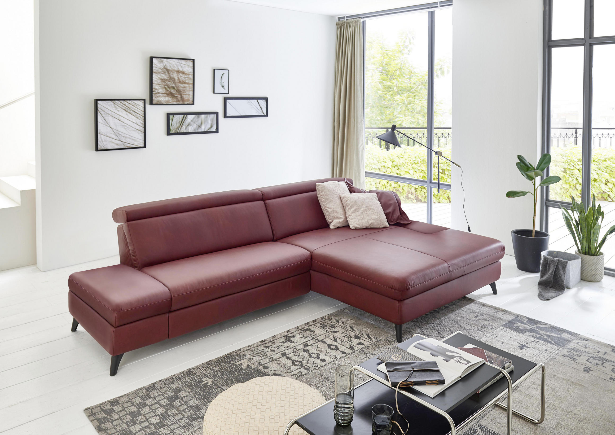 ECKSOFA Bordeaux Echtleder - Bordeaux/Schwarz, Design, Leder/Metall (316/184cm) - Cantus