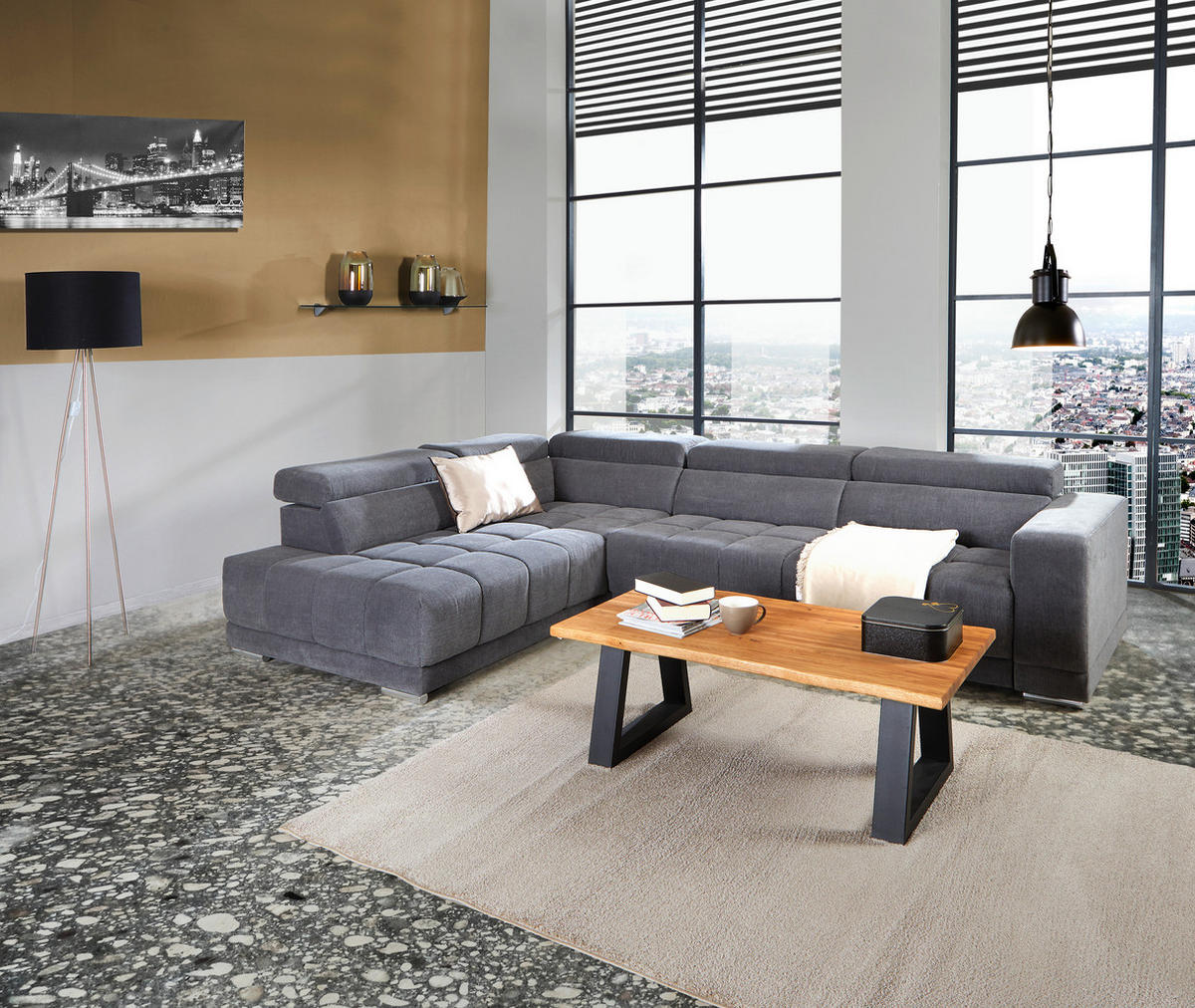 Wohnlandschaft "Hogan" , in Webstoff Grau  - Silberfarben/Grau, Modern, Holz/Textil (212/299cm) - Livetastic