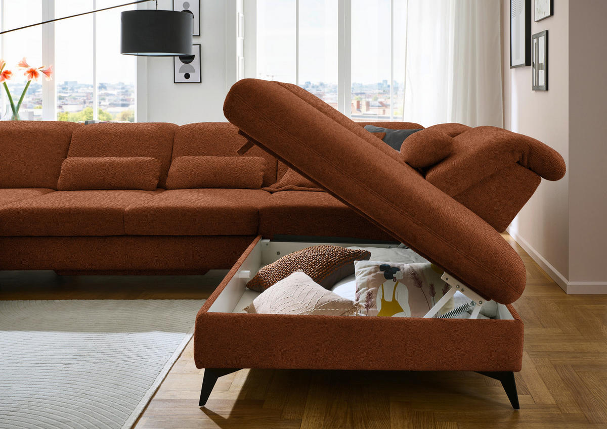 WOHNLANDSCHAFT  in Chenille Rostfarben  - Rostfarben/Schwarz, Design, Textil/Metall (198/369/255cm) - Beldomo Style