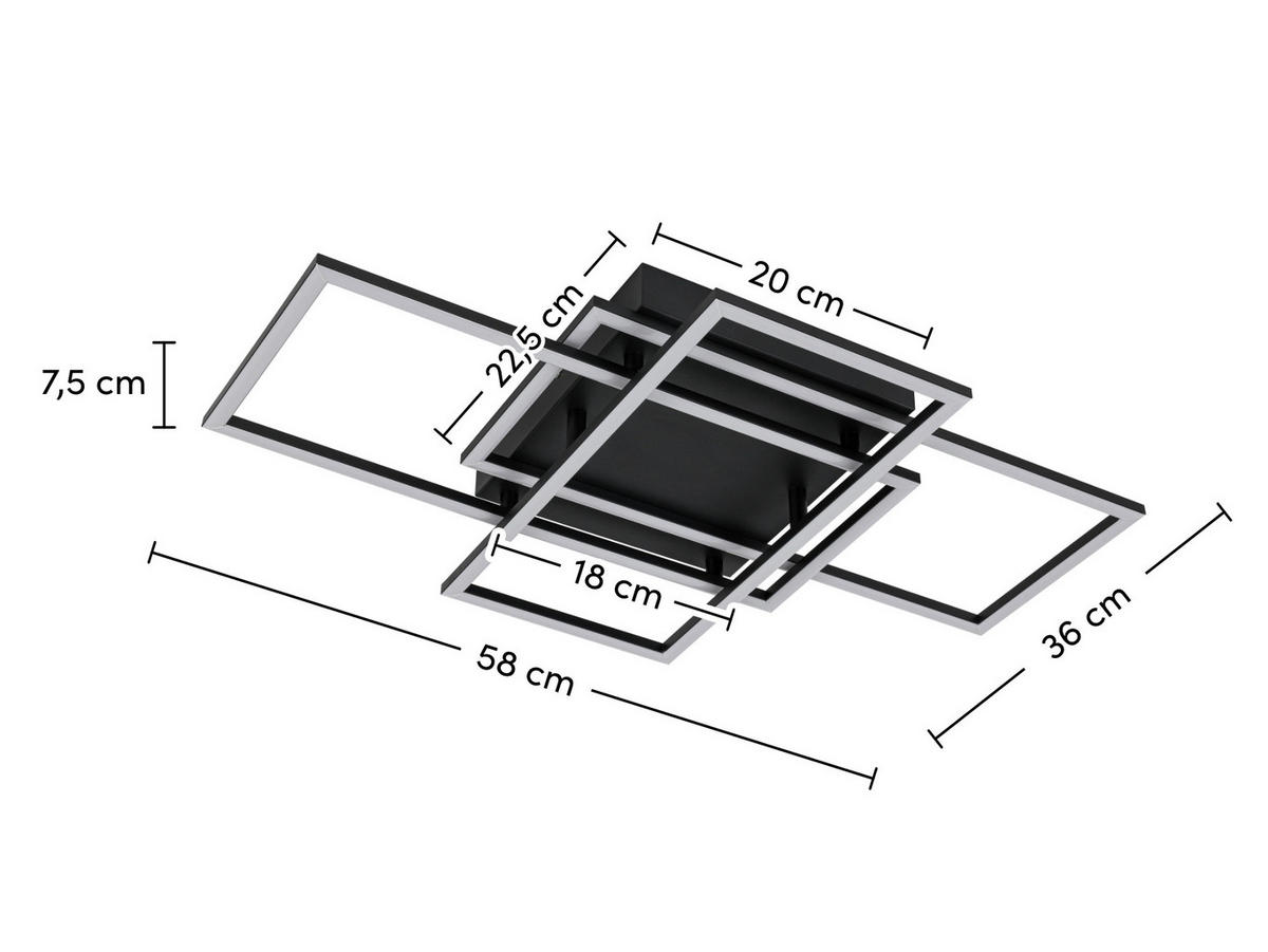 STROPNÍ LED SVÍTIDLO, 58/36/7,5 cm - černá, Design, kov/plast (58/36/7,5cm) - Novel