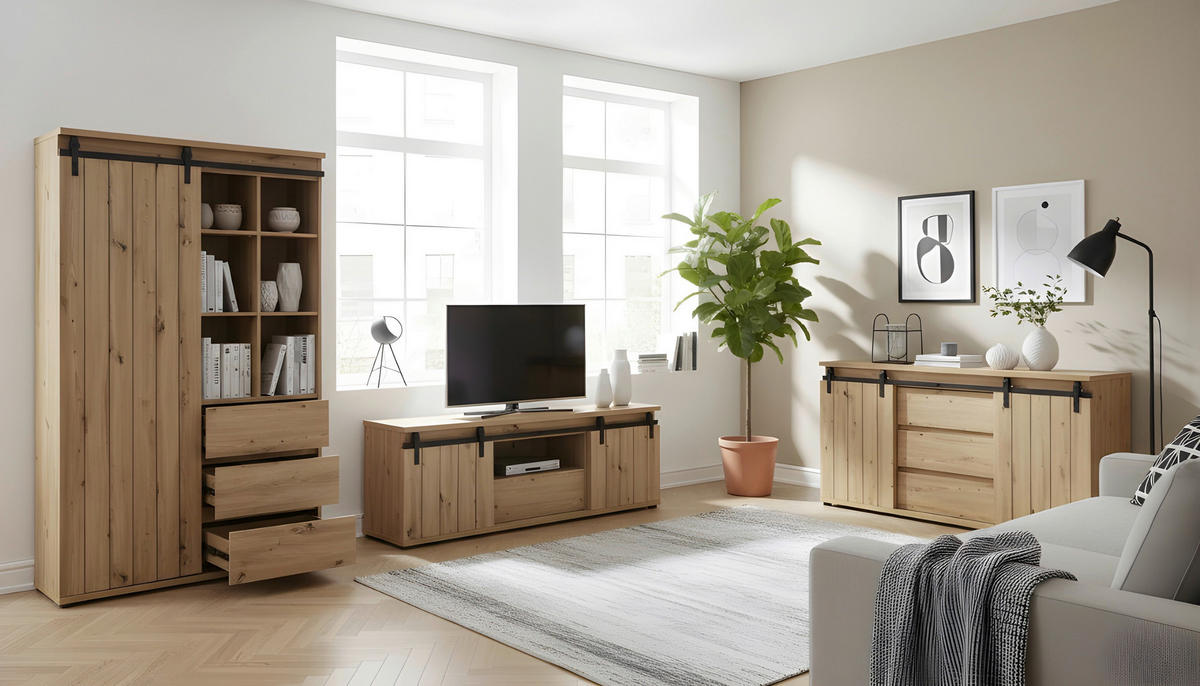 SIDEBOARD  160/86/40 cm 3 Schublade(n)  - Eichefarben/Schwarz, LIFESTYLE, Holzwerkstoff/Kunststoff (160/86/40cm) - Milino
