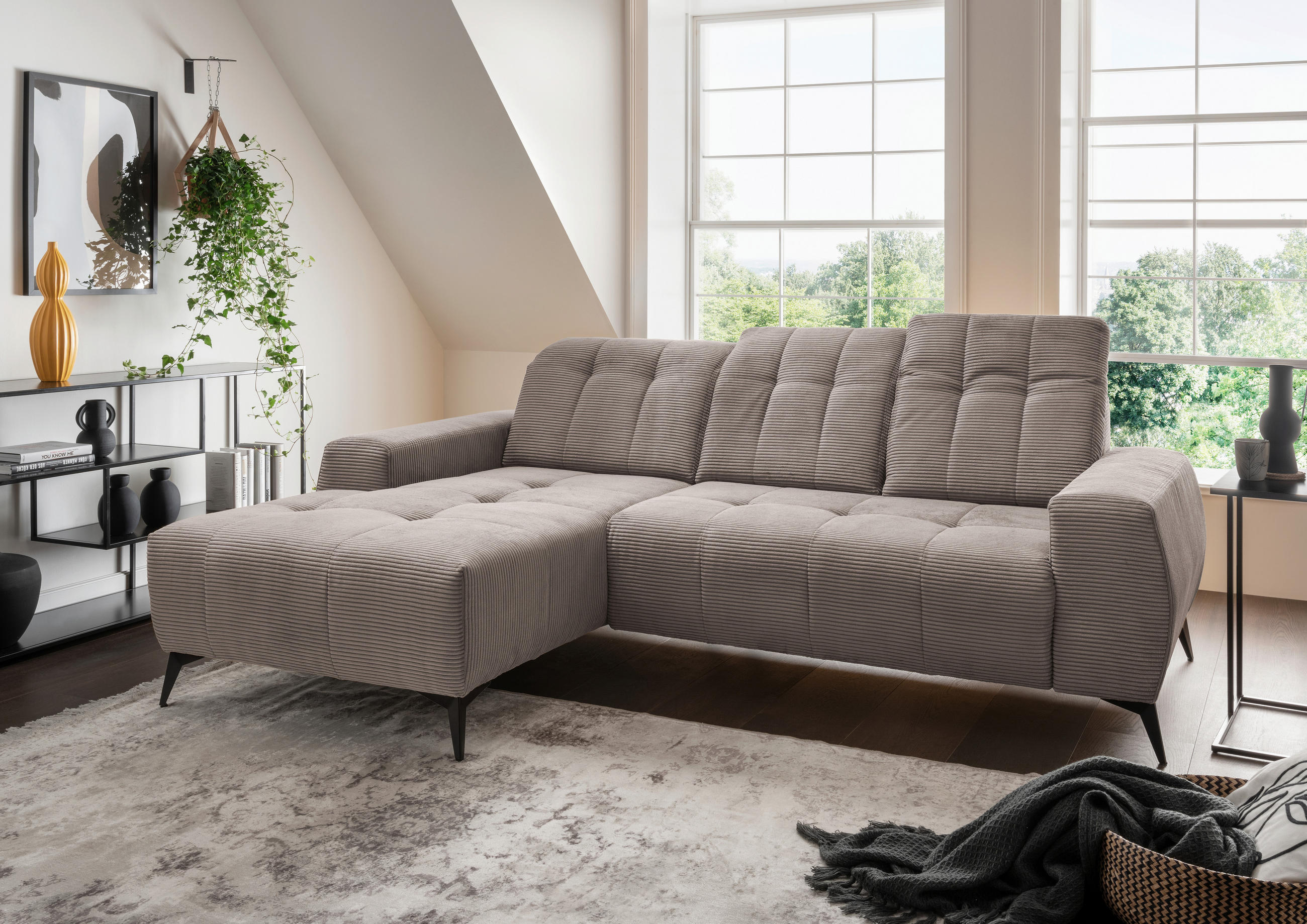 ECKSOFA in Cord Graubraun - Graubraun/Schwarz, Modern, Textil/Metall (180/258cm) - Livetastic