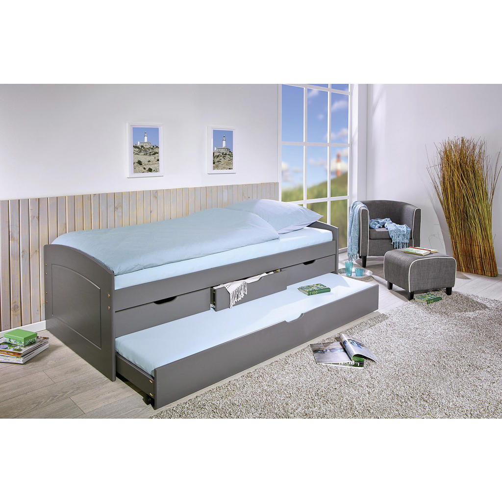 Thumbnail - Carryhome Stauraumbett, Grau, Holz, Kiefer, massiv, 3 Schubladen, 90x200 cm, mit Schubkästen, Kinder- & Jugendzimmer, Ki...