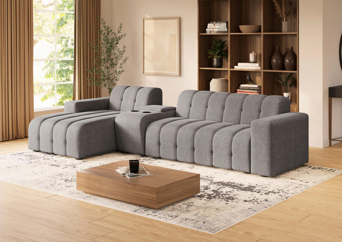 ECKSOFA Graubraun Chenille Stauraum, Getränkehalter  - Graubraun/Schwarz, MODERN, Kunststoff/Textil (150/299cm) - Milino