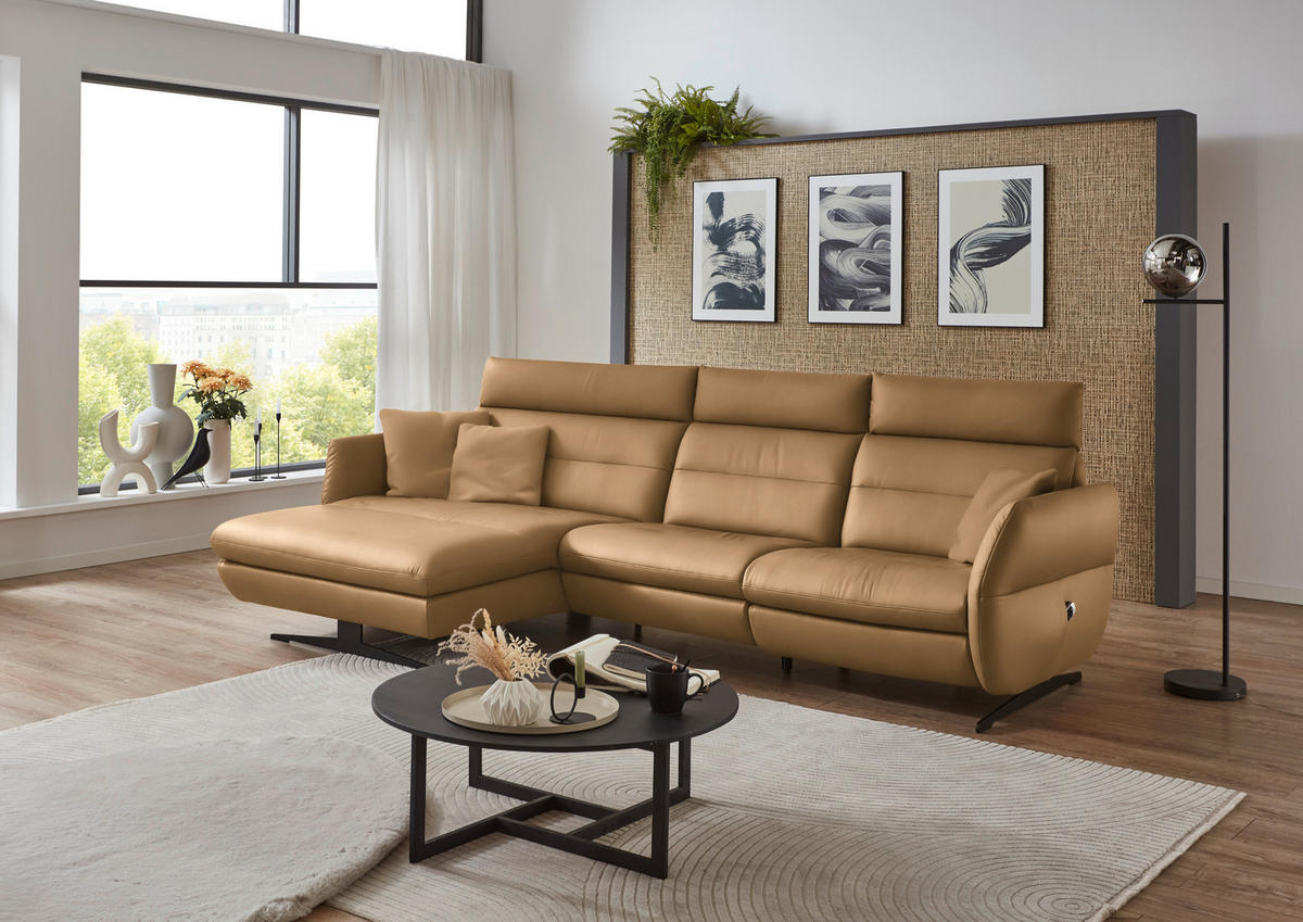 ECKSOFA in Echtleder Honig  - Schwarz/Honig, Design, Leder/Metall (169/298cm) - Dieter Knoll