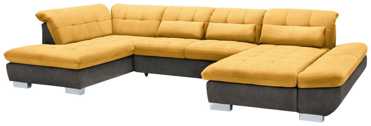 WOHNLANDSCHAFT in Mikrofaser Grau, Dunkelgelb  - Chromfarben/Dunkelgelb, Design, Kunststoff/Textil (211/350/204cm) - Xora