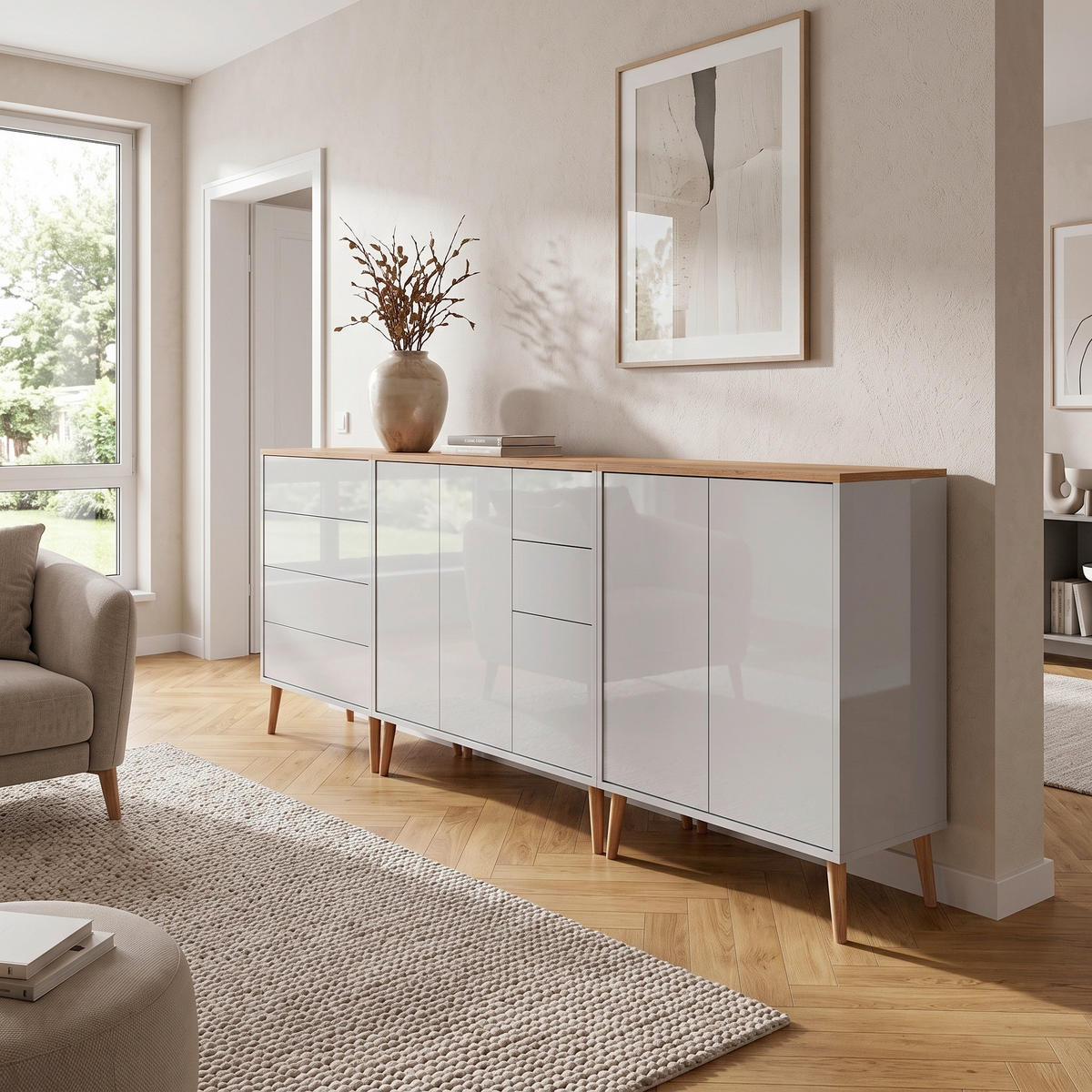 SIDEBOARD Mailand Set 7 + HF 263,5/86/33 cm 6 Schublade(n)  - Weiß Hochglanz/Eiche Artisan, MODERN, Holz/Holzwerkstoff (263,5/86/33cm) - MID.YOU