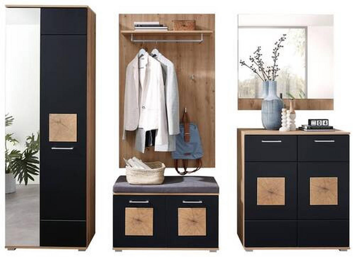 GARDEROBE 6-teilig  in 263/195,5/38 cm  - Schwarz/Eiche Artisan, Basics, Glas/Holzwerkstoff (263/195,5/38cm) - Xora