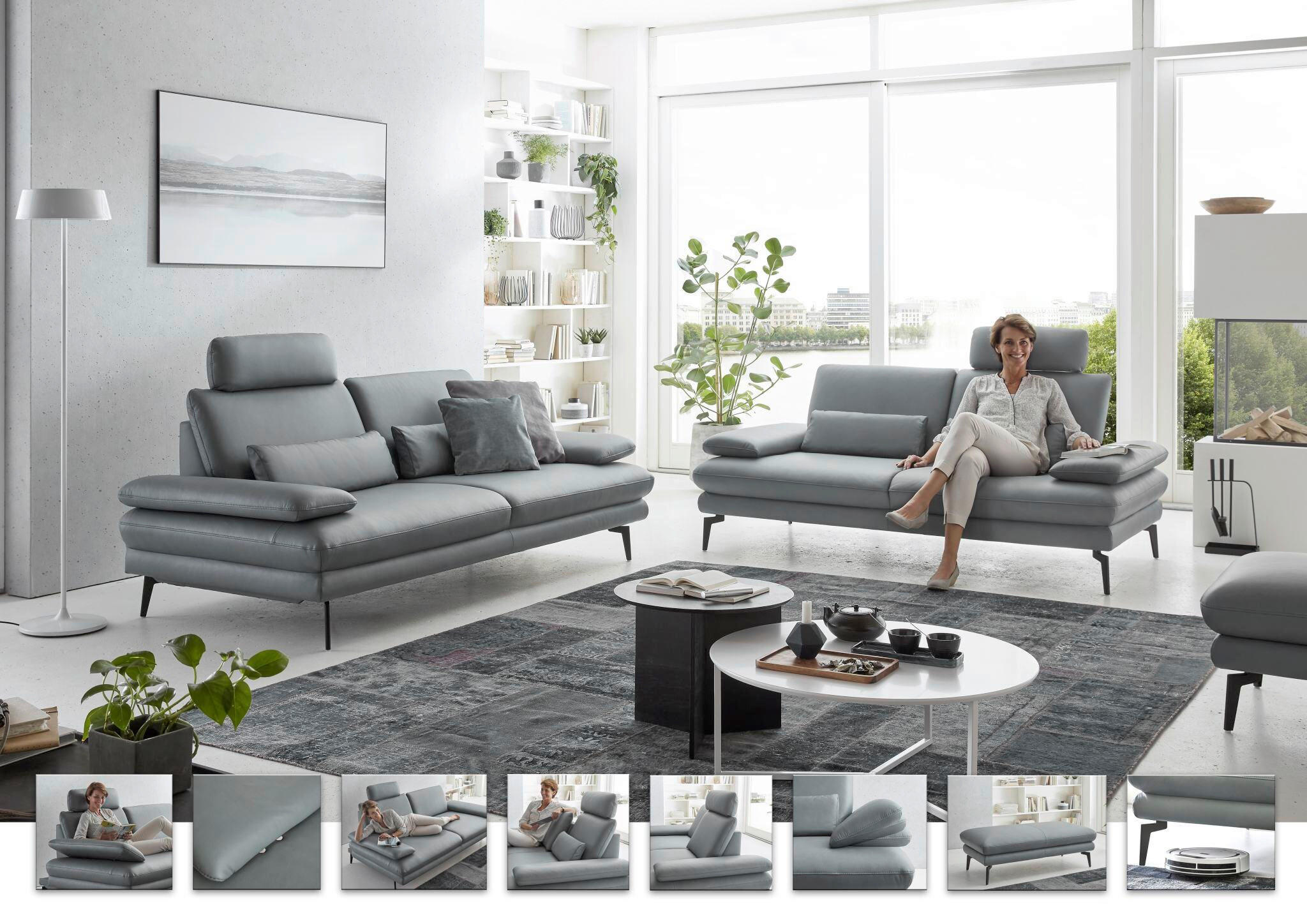 3-SITZER-SOFA Echtleder Grau  - Schwarz/Grau, Design, Leder/Metall (222/86/104cm) - Dieter Knoll