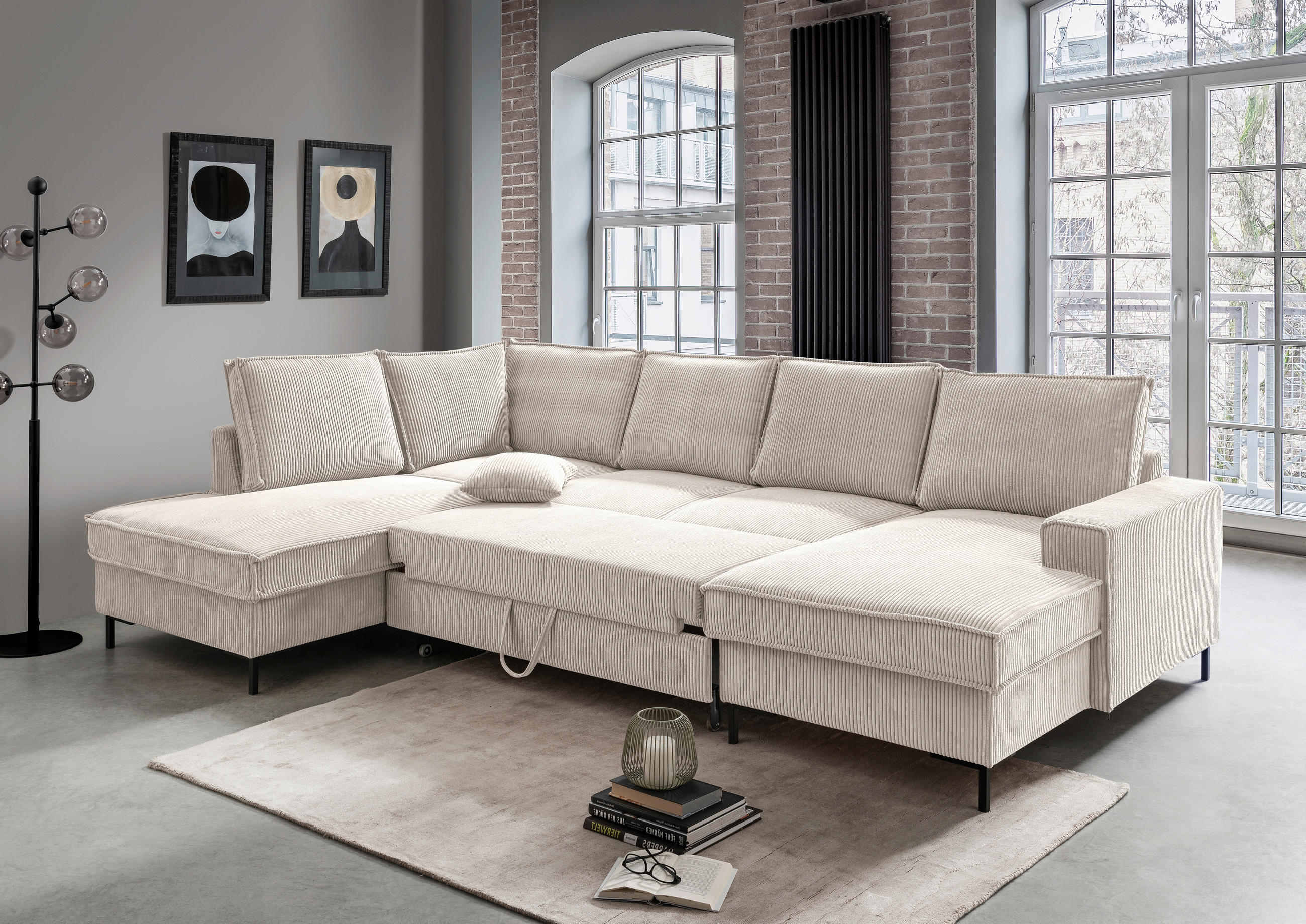 WOHNLANDSCHAFT Beige Cord  - Beige/Schwarz, MODERN, Textil/Metall (198/309/150cm) - MID.YOU