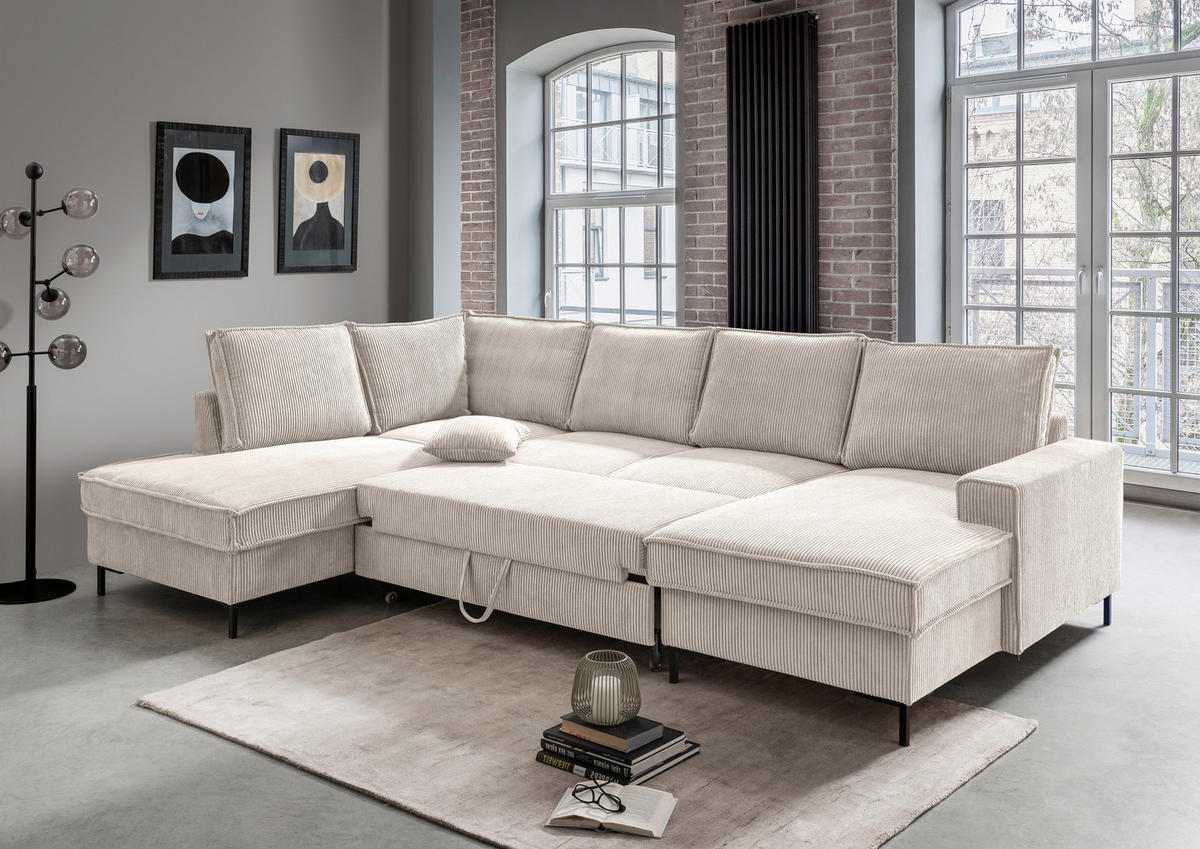 WOHNLANDSCHAFT in Cord Beige  - Beige/Schwarz, Modern, Textil/Metall (198/309/150cm) - MID.YOU