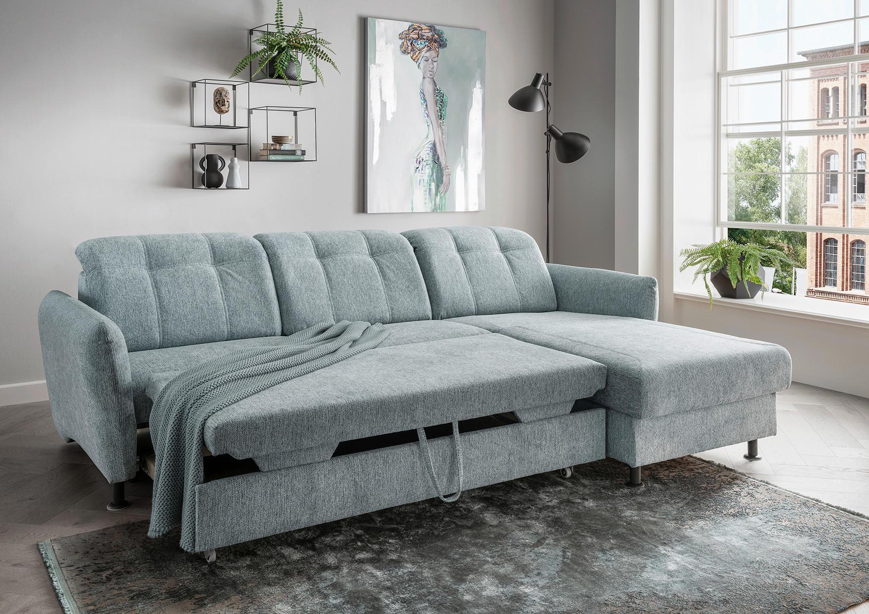 ECKSOFA in Chenille Mintgrün  - Schwarz/Mintgrün, Modern, Textil/Metall (267/184cm) - Livetastic