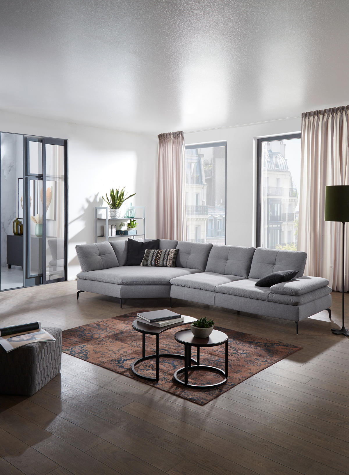 ECKSOFA Hellgrau Flachgewebe  - Hellgrau/Schwarz, Design, Textil/Metall (159/344cm) - Chilliano