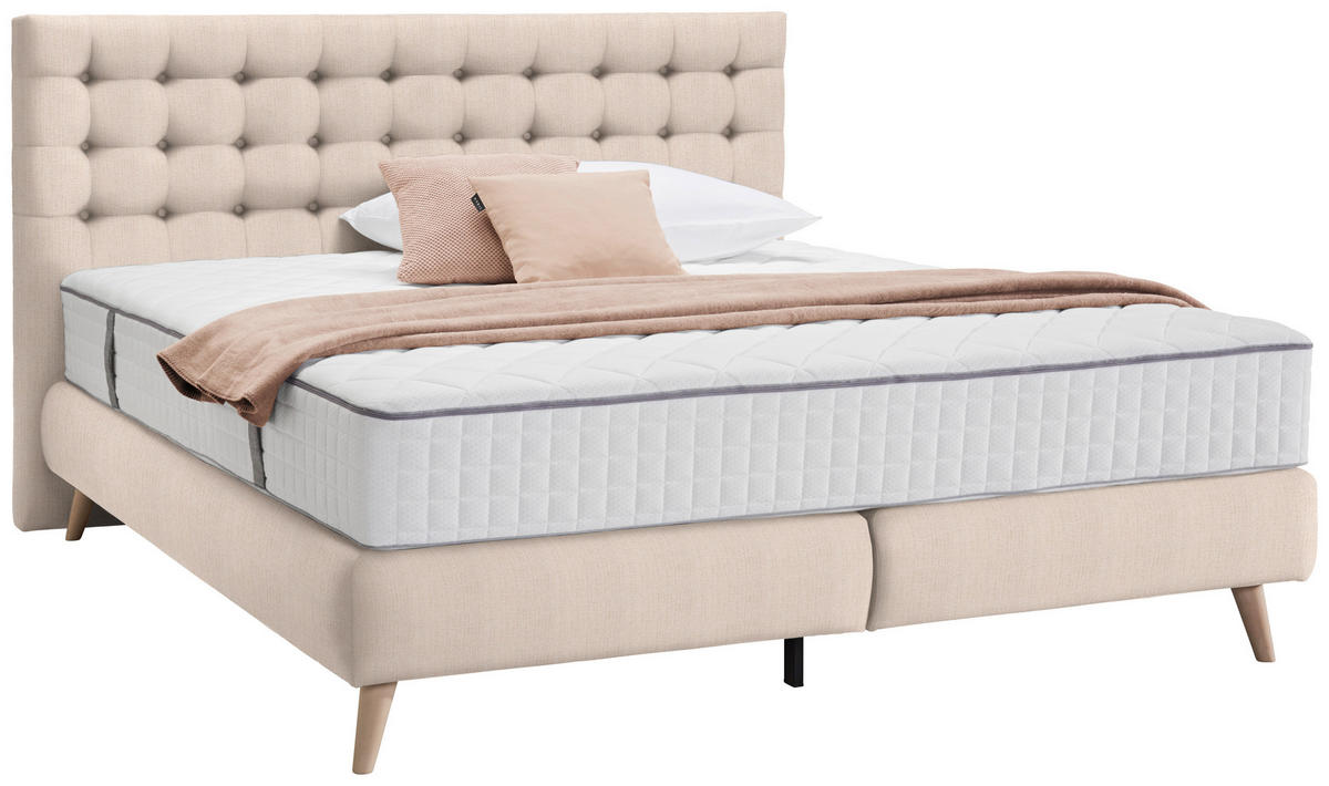 BOXSPRINGBETT 180/200 cm,  in Beige, Matratze, gepolstertes Kopfteil, Topper, H4 = sehr fest  - Beige, Design, Holz/Textil (180/200cm) - Welnova