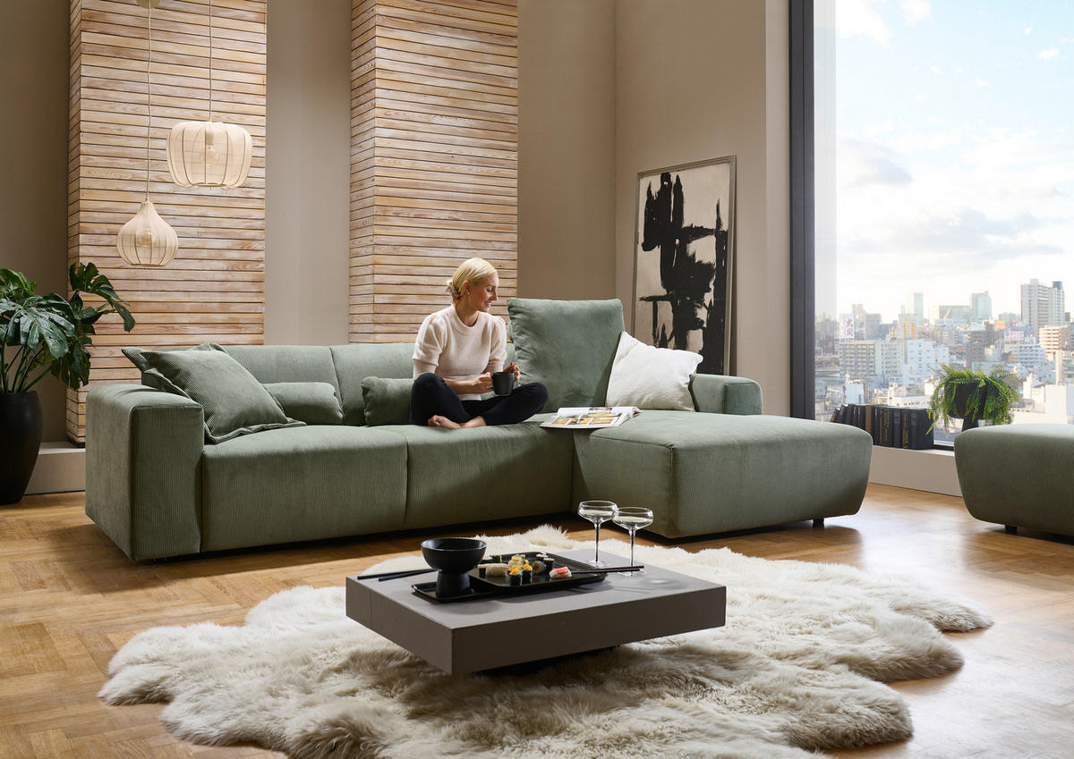ECKSOFA in Feincord Waldgrün  301/177 cm  - Waldgrün/Schwarz, Design, Kunststoff/Textil (301/177cm) - Beldomo Style