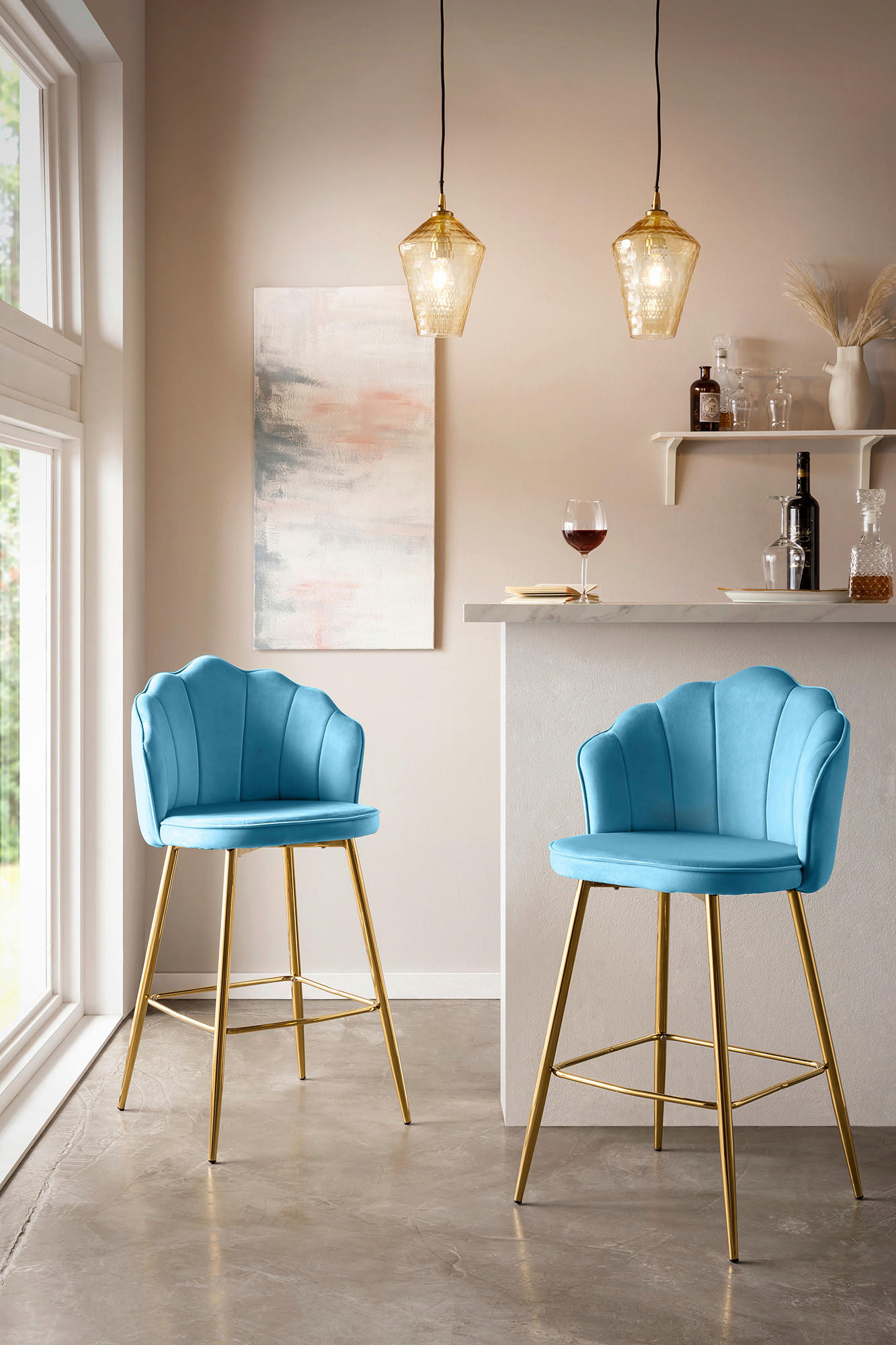 BARHOCKER-SET Samt Blau  - Blau/Goldfarben, MODERN, Textil/Metall (52/100/54cm) - Livetastic