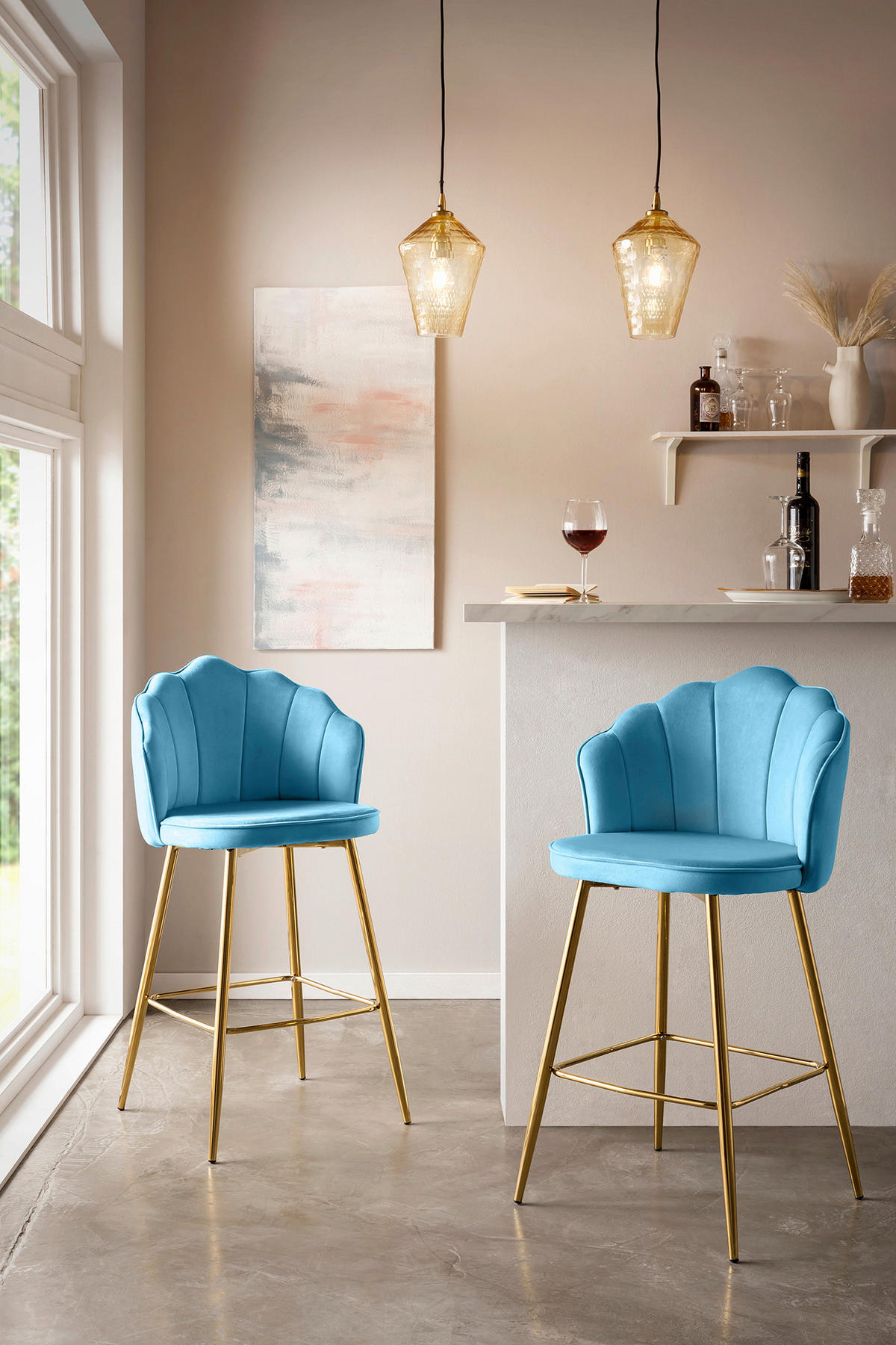 BARHOCKER-SET in Blau  - Blau/Goldfarben, MODERN, Textil/Metall (52/100/54cm) - Livetastic