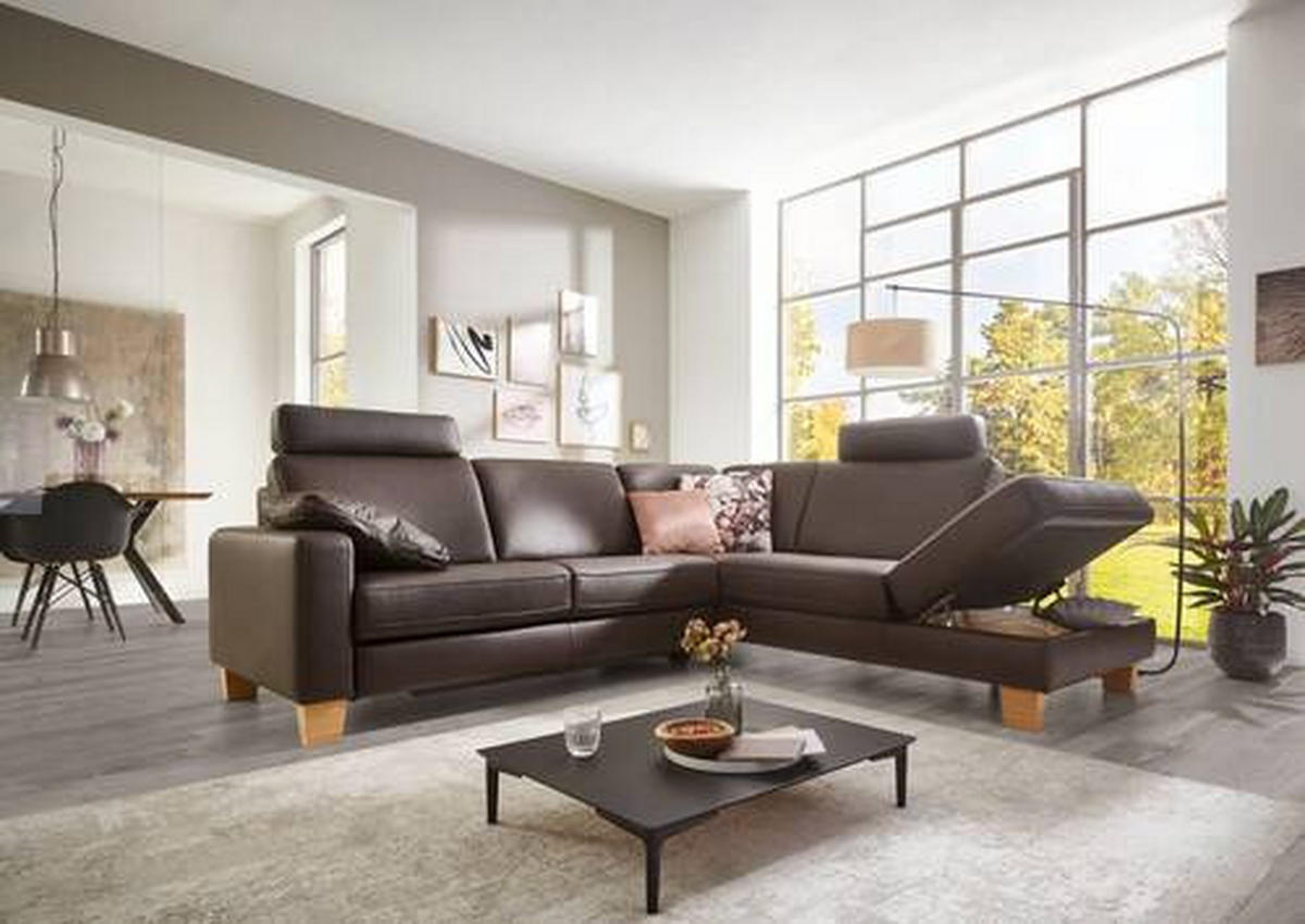ECKSOFA in Echtleder Dunkelbraun  - Eiche Bianco/Dunkelbraun, Konventionell, Leder/Holz (235/259cm) - Valdera