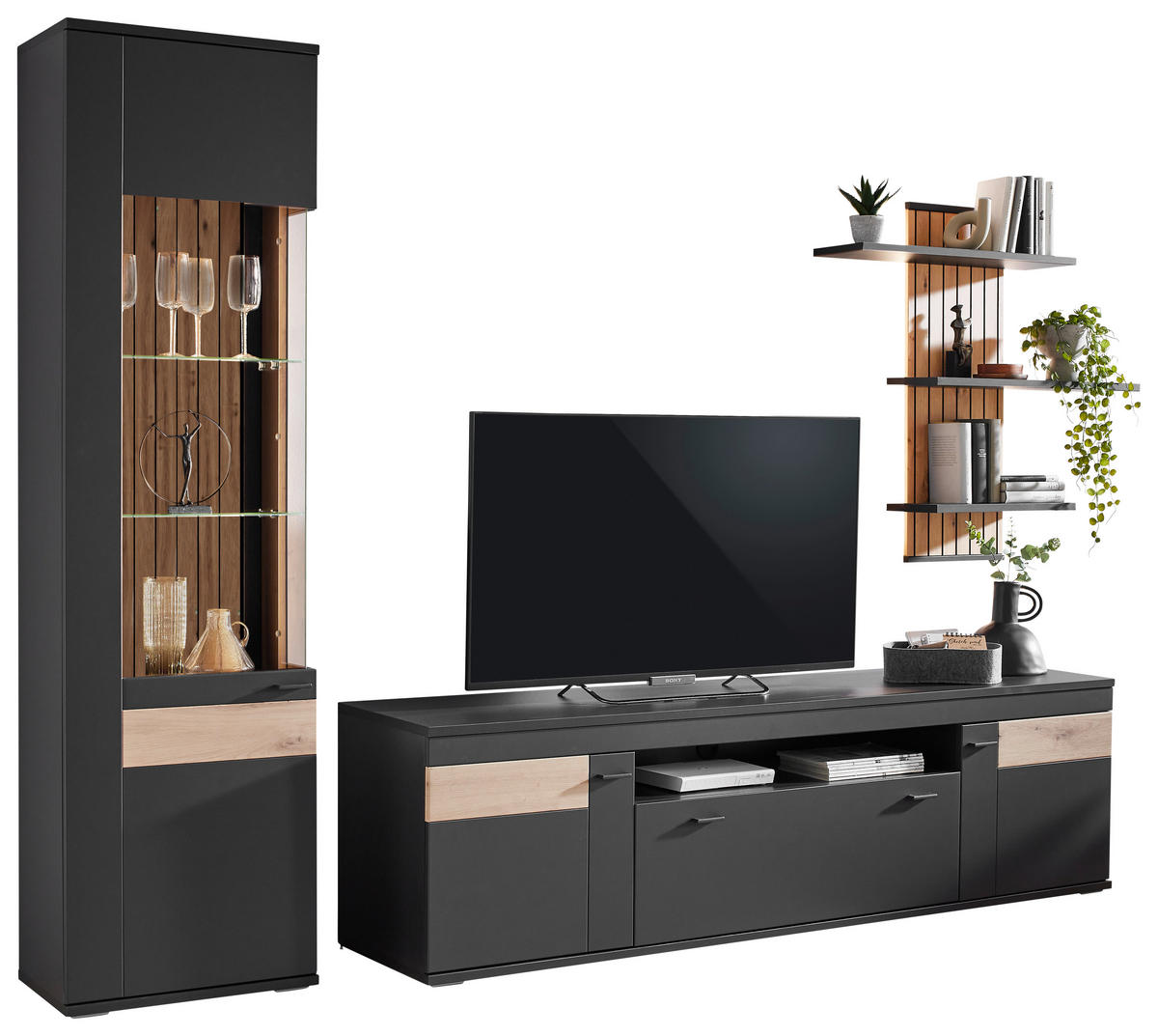WOHNWAND  in Dunkelgrau, Eiche Artisan 296/205/50 cm  - Dunkelgrau/Schwarz, Design, Glas/Holzwerkstoff (296/205/50cm) - Stylife
