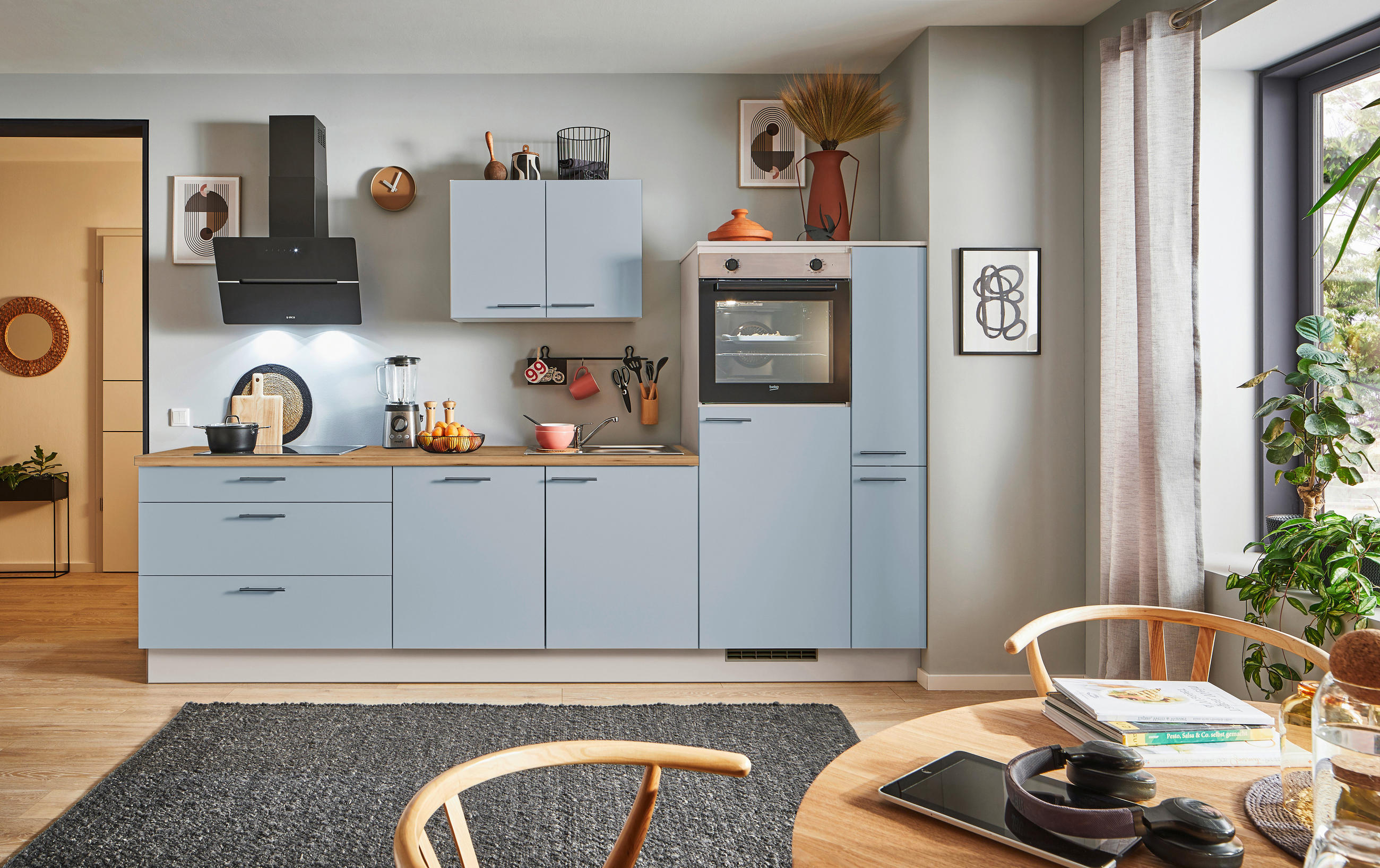 KÜCHENBLOCK PN 105 310 cm  in Eichefarben, Kaschmir, Pastellblau  - Kaschmir/Edelstahlfarben, Design, Holzwerkstoff/Metall (310cm) - Pino