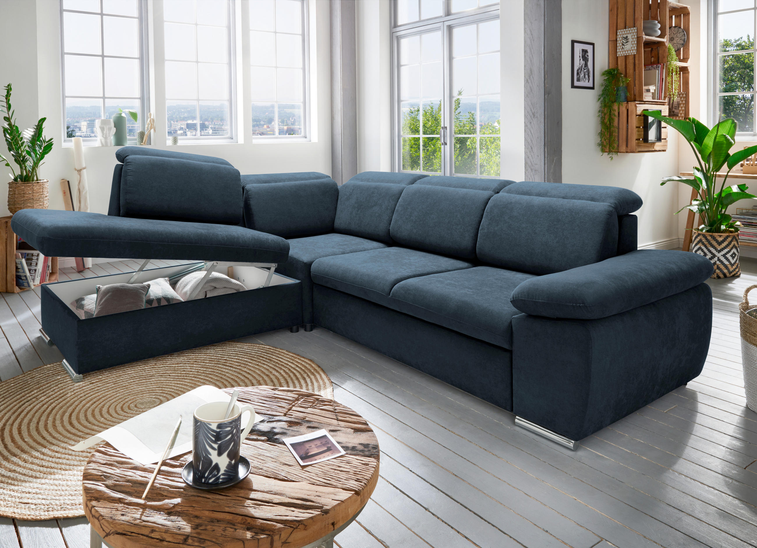 Thumbnail - Livetastic Ecksofa, Dunkelblau, Textil, Uni, 5-Sitzer, Ottomane links, 283x228 cm, seitenverkehrt erhältlich, Schlafen a...