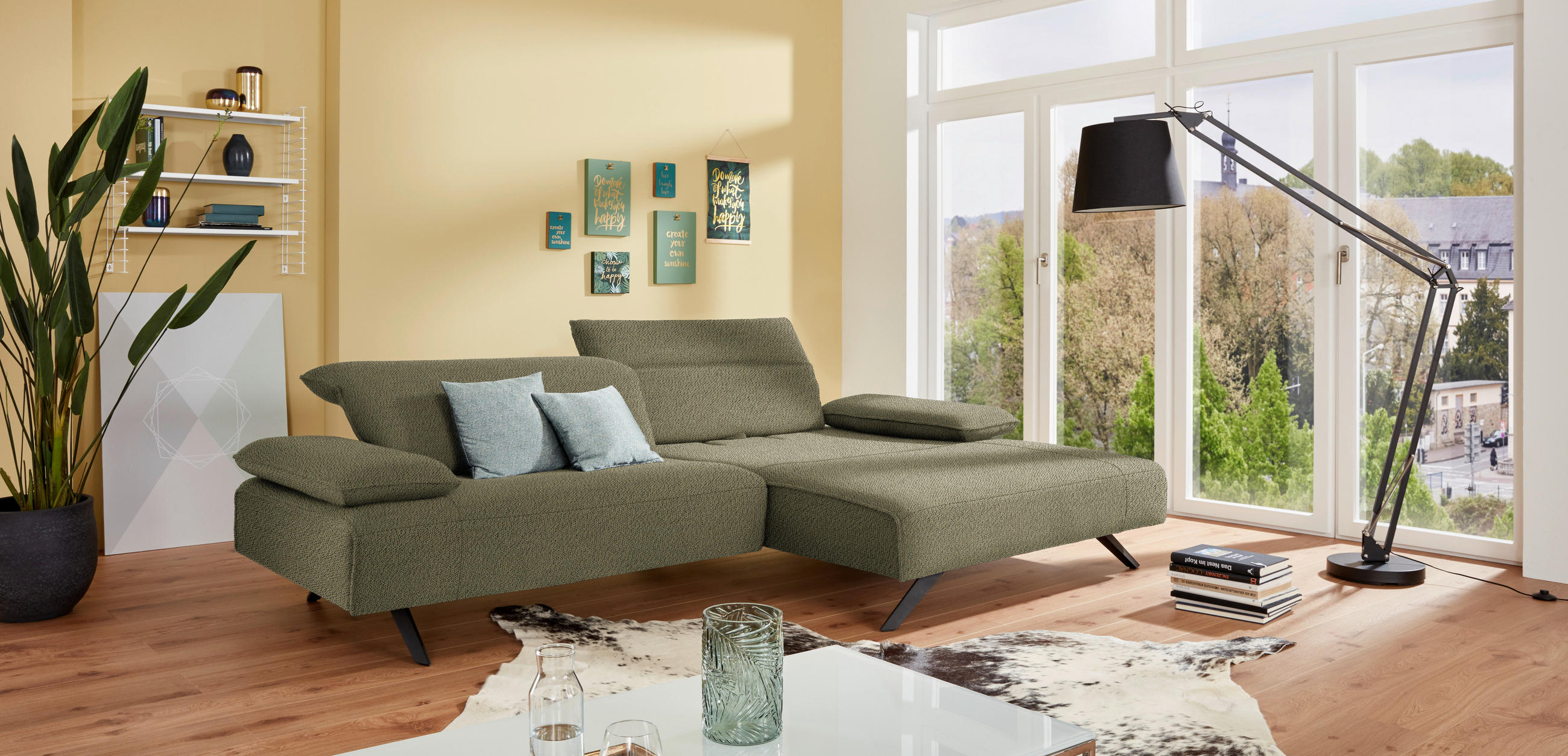 ECKSOFA in Flachgewebe Olivgrün  - Anthrazit/Olivgrün, Design, Textil/Metall (280/165cm) - Johann Jakob