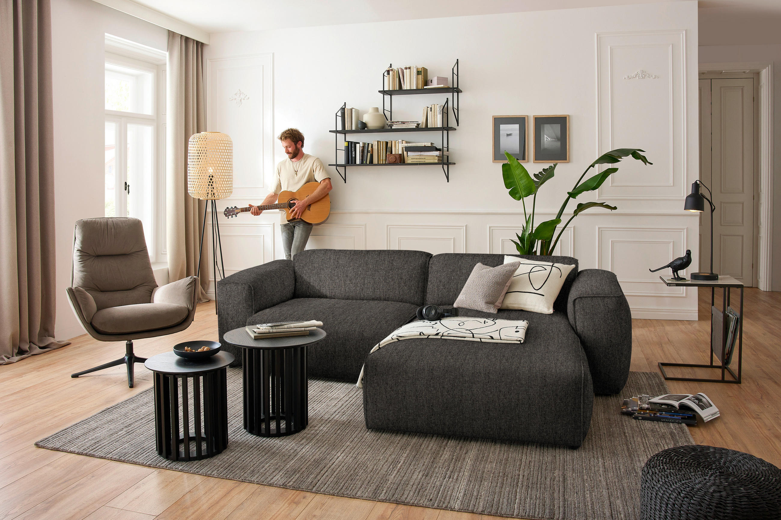 ECKSOFA in Webstoff Dunkelbraun  265/171 cm  - Dunkelbraun/Schwarz, Design, Kunststoff/Textil (265/171cm) - home24