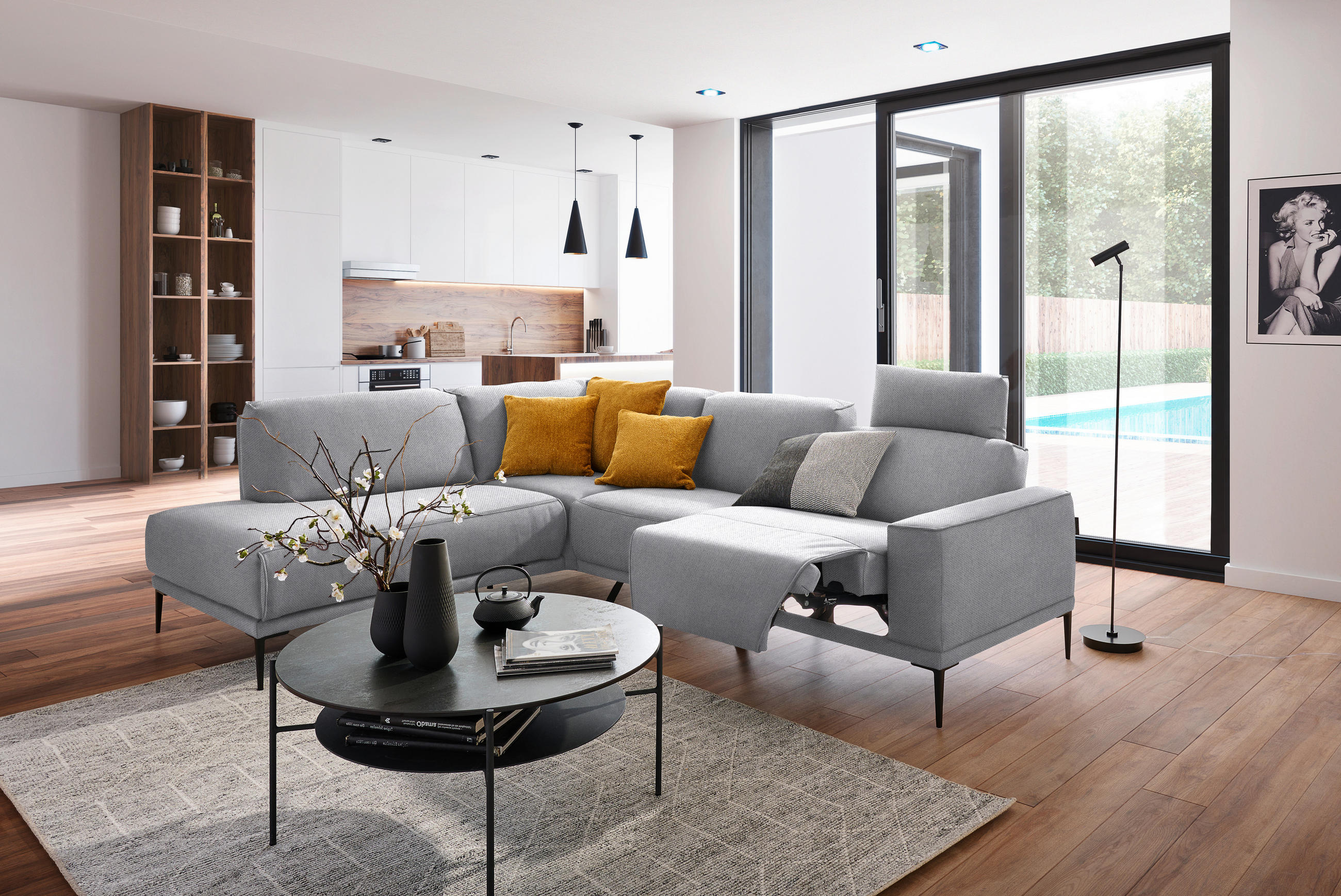 ECKSOFA in Flachgewebe Hellgrau  - Hellgrau/Schwarz, Design, Textil/Metall (210/260cm) - Johann Jakob