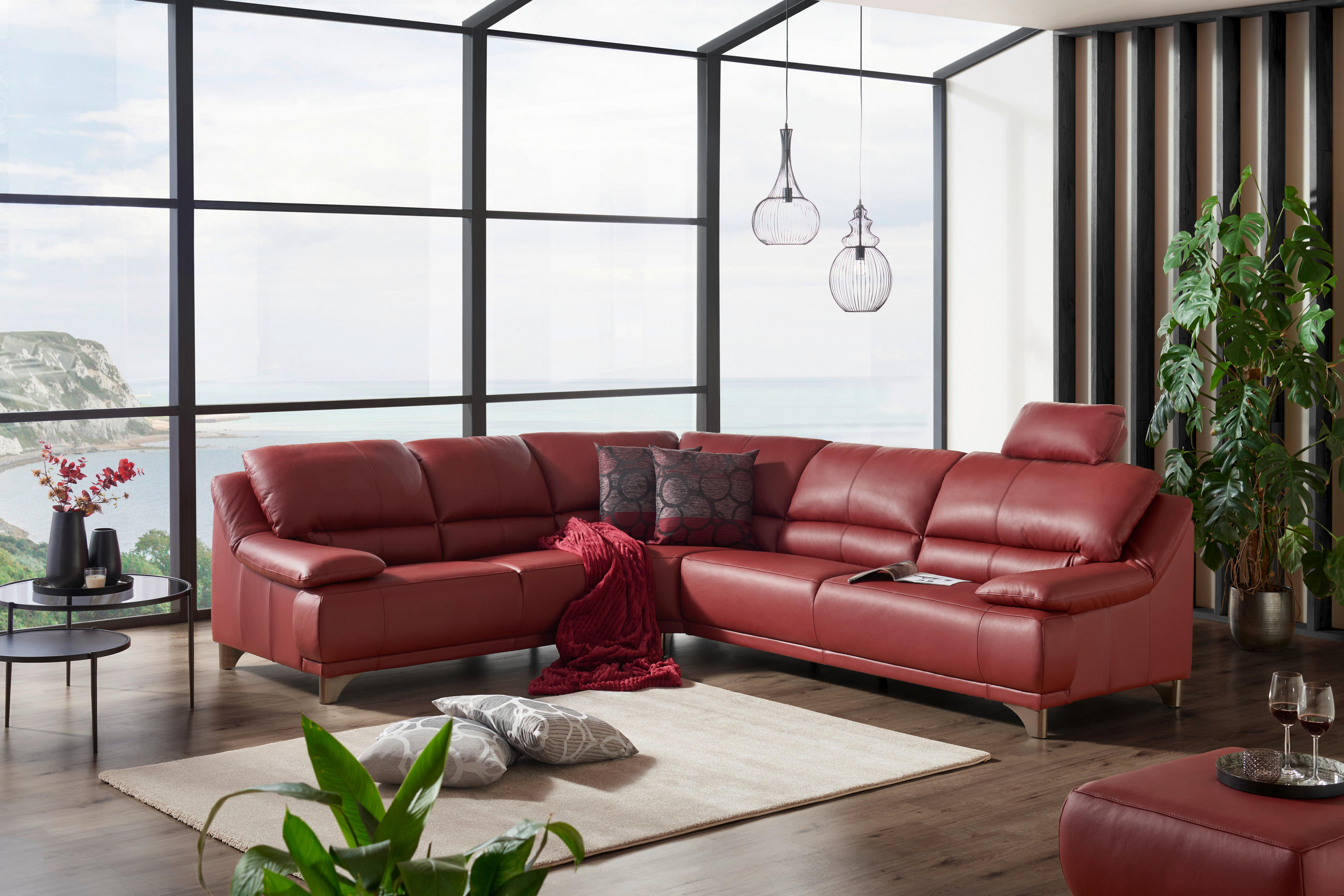 ECKSOFA Rot Echtleder  - Rot/Schwarz, Design, Leder/Metall (290/253cm) - Xora
