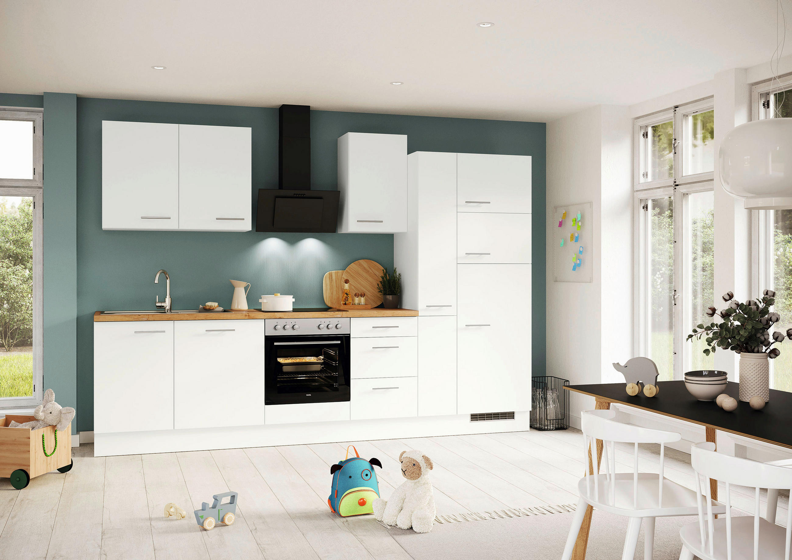 KÜCHENBLOCK 310 cm   in Weiß  - Eichefarben/Silberfarben, Trend, Holzwerkstoff/Metall (310cm) - Impuls