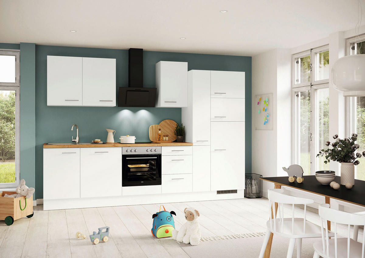 KÜCHENBLOCK 310 cm   in Weiß  - Eichefarben/Silberfarben, Trend, Holzwerkstoff/Metall (310cm) - Impuls