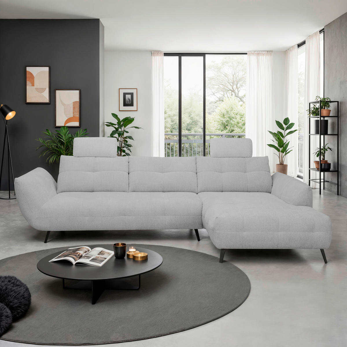 ECKSOFA Hellgrau Chenille Armlehnenkissen, Rücken echt, Sitztiefenverstellung  - Hellgrau/Schwarz, KONVENTIONELL, Textil/Metall (313/215cm) - Hom`in