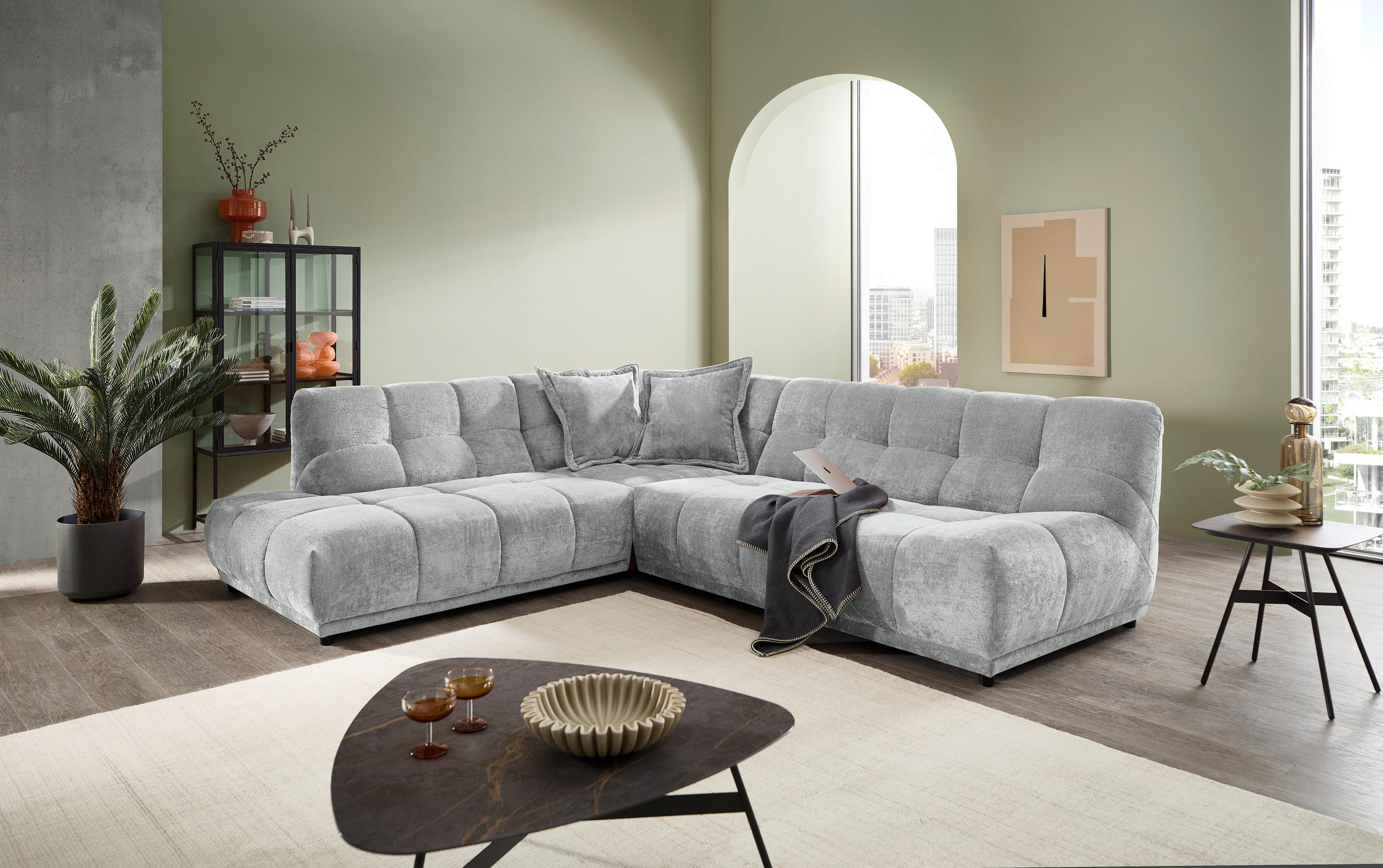 ECKSOFA ITALIA in Chenille Hellblau  250/284 cm  - Schwarz/Hellblau, MODERN, Kunststoff/Textil (250/284cm) - Livetastic