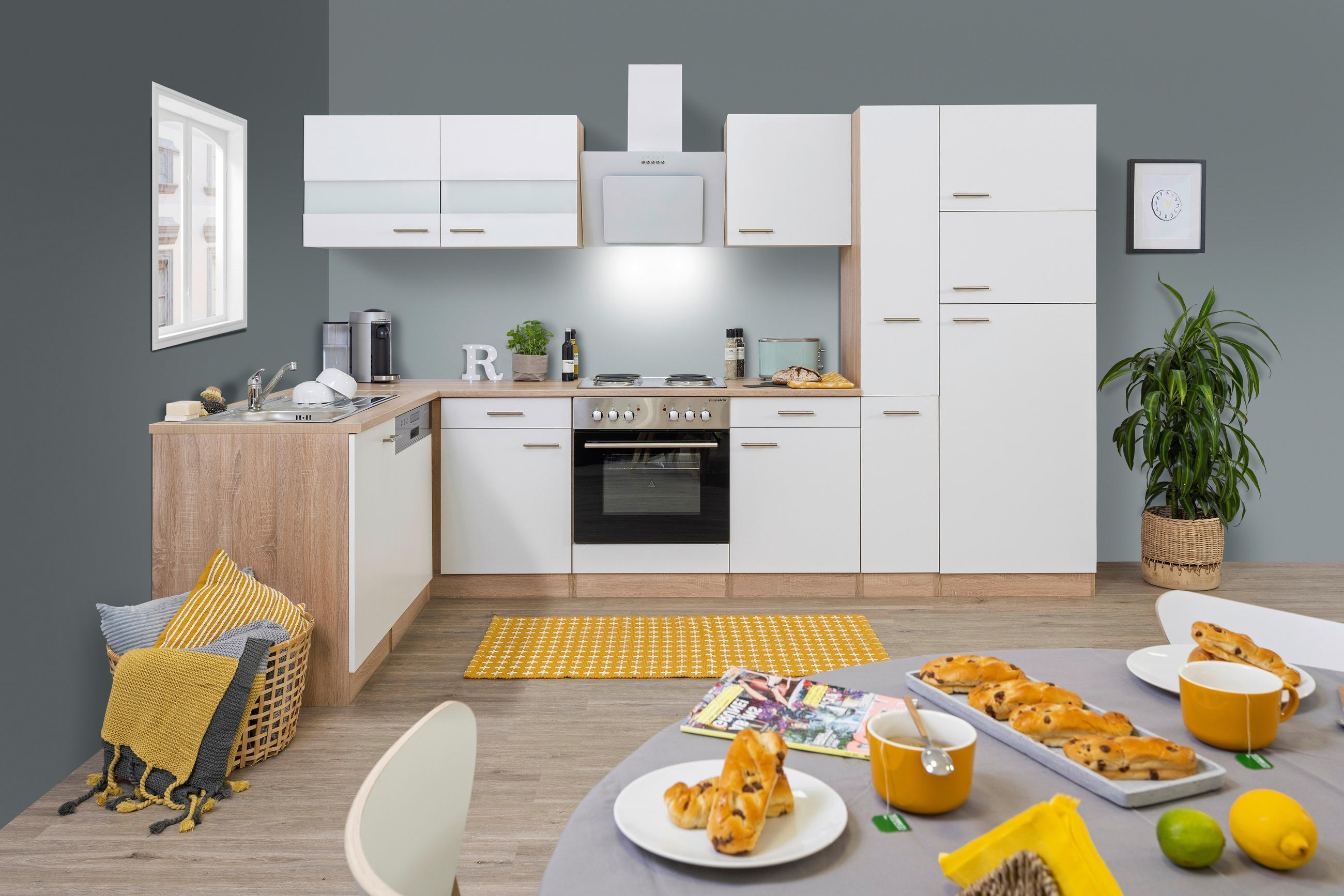 Eckküche Economy mit Geräten 172x310 cm Weiß/Eiche Dekor