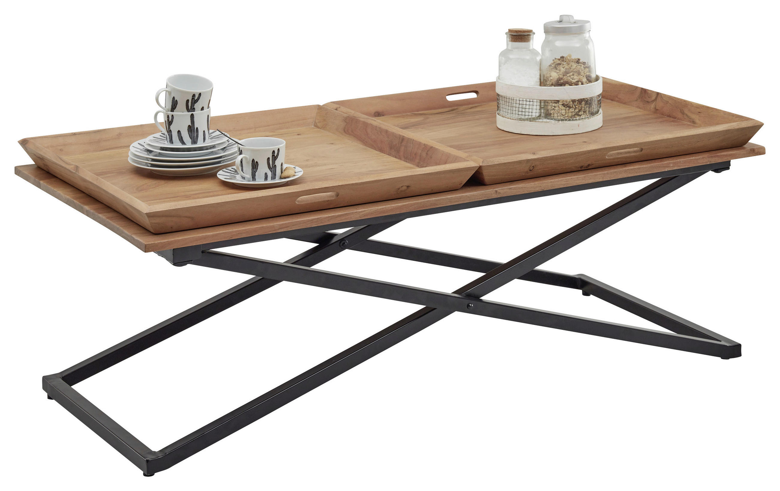 COUCHTISCH Akazie massiv 122/61/46 cm rechteckig Schwarz, Akaziefarben  - Schwarz/Akaziefarben, KONVENTIONELL, Holz/Metall (122/61/46cm) - Modante