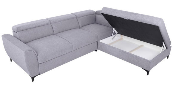 ECKSOFA Grau Velours Bettkasten, Schlaffunktion, Rücken echt, Kopfteilverstellung, Liegefläche im Originalstoff  - Schwarz/Grau, KONVENTIONELL, Textil/Metall (255/217cm) - Carryhome