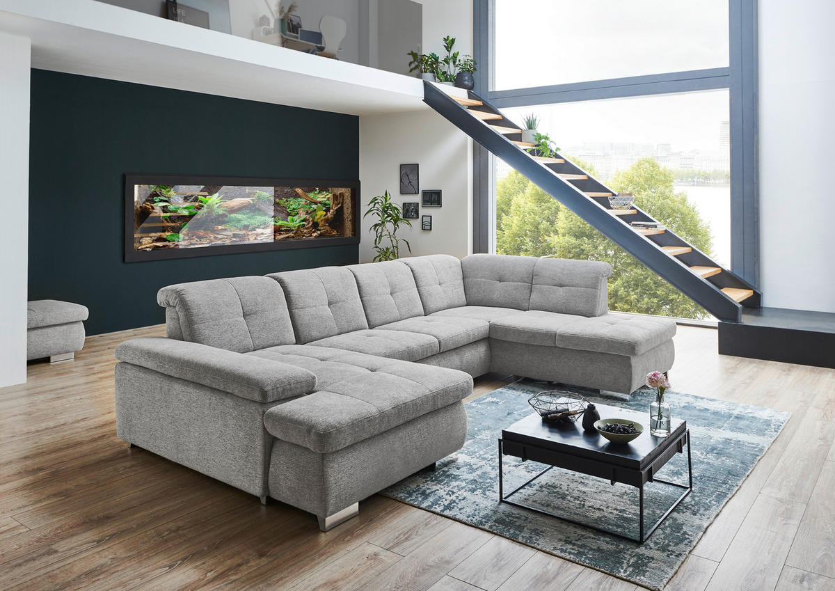 WOHNLANDSCHAFT Hellgrau Webstoff  - Hellgrau/Schwarz, Design, Textil/Metall (210/337/174cm) - Beldomo Style