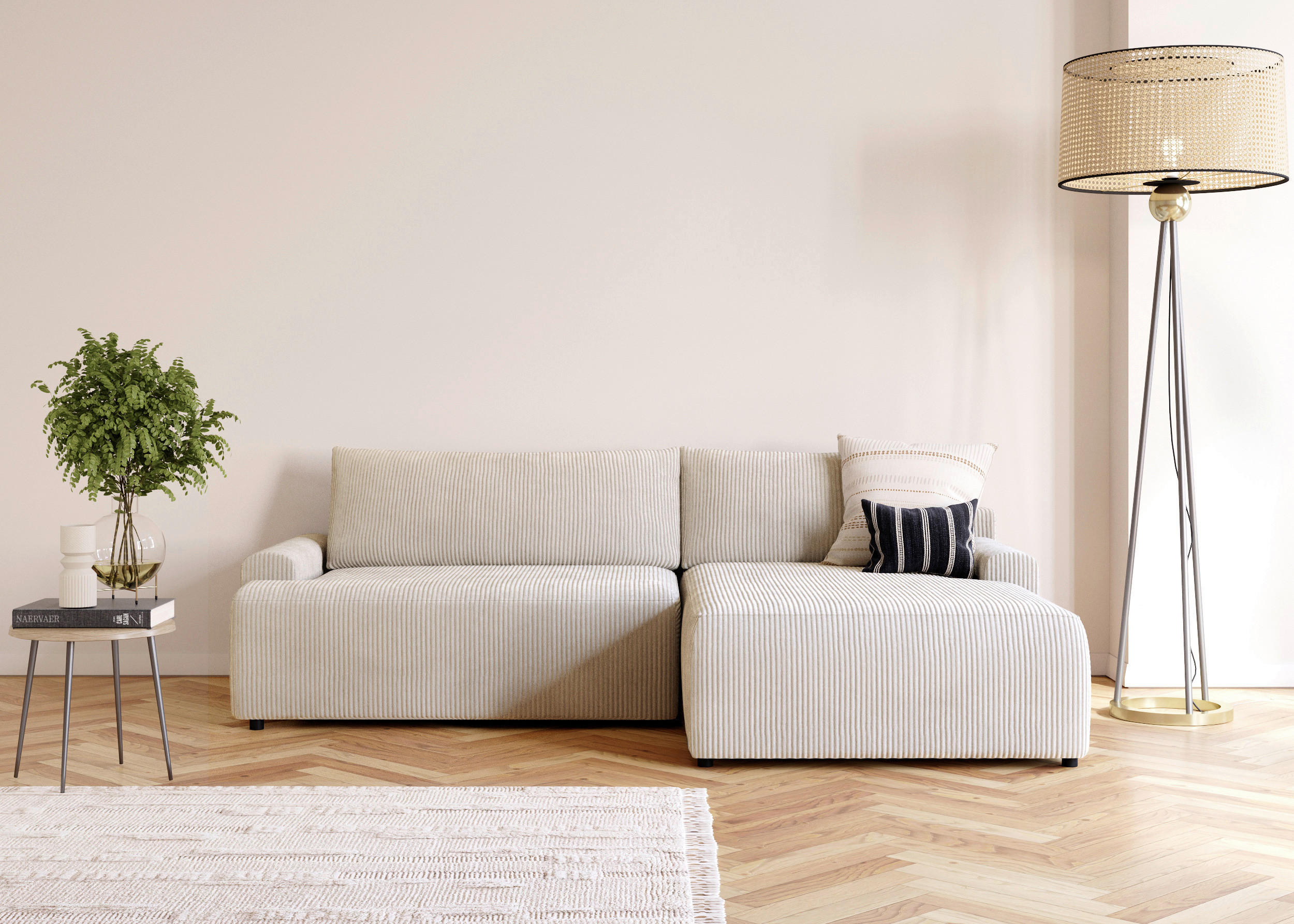 ECKSCHLAFSOFA Cord Creme  - Creme/Schwarz, MODERN, Kunststoff/Textil (253/167cm) - Trendmanufaktur