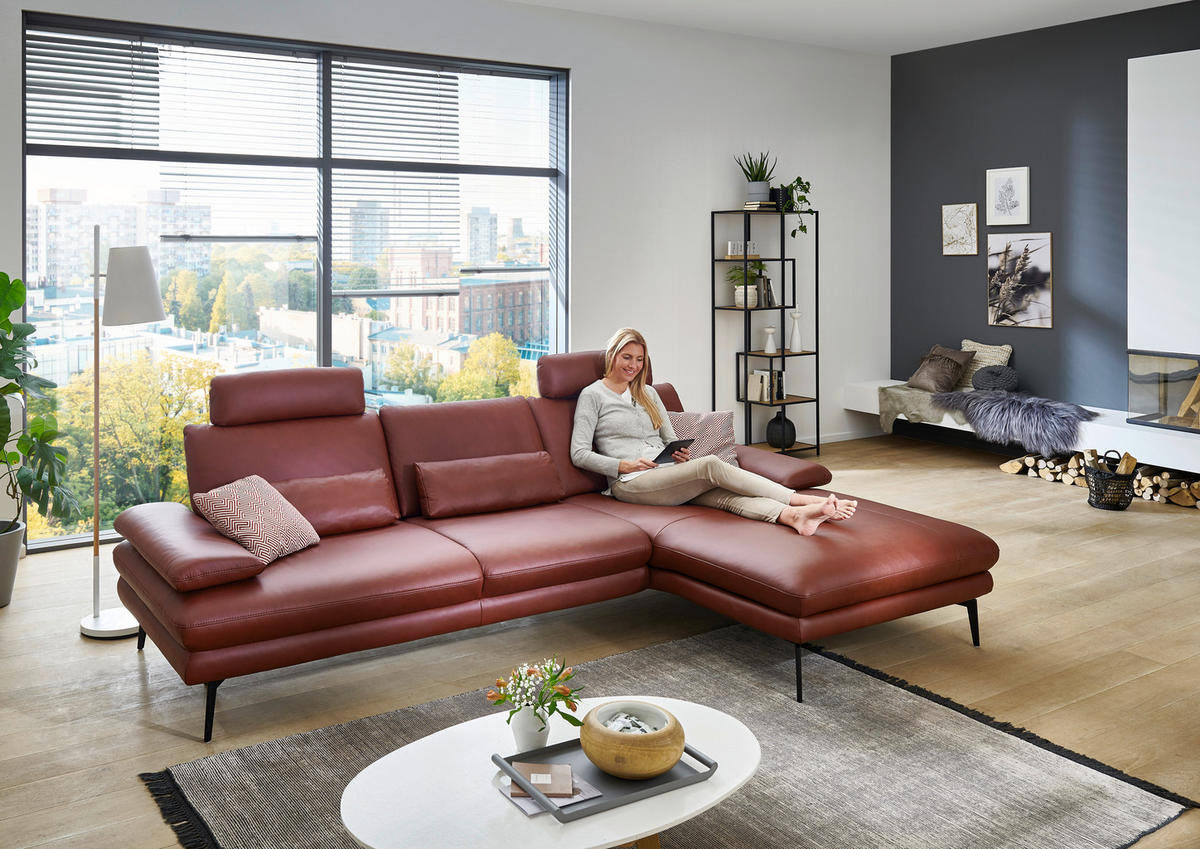 ECKSOFA in Echtleder Dunkelrot  - Schwarz/Dunkelrot, Design, Leder/Metall (310/180cm) - Dieter Knoll