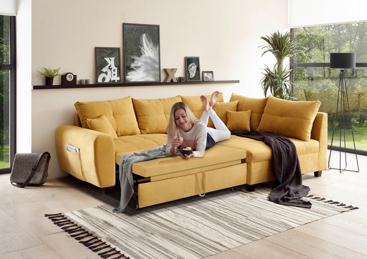 ECKSOFA in Mikrovelours Gelb  - Gelb/Schwarz, Basics, Holzwerkstoff/Kunststoff (248/176cm) - MID.YOU
