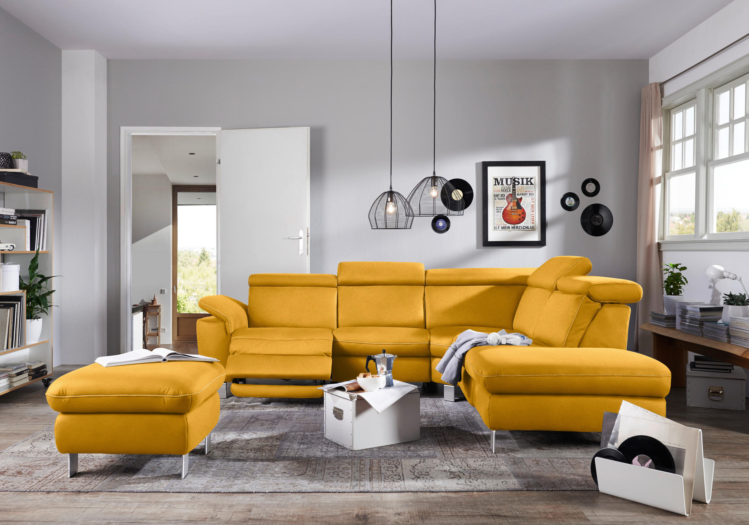 ECKSOFA in Flachgewebe, Mikrofaser Gelb  271/239 cm  - Gelb/Beige, Design, Textil/Metall (271/239cm) - Cantus