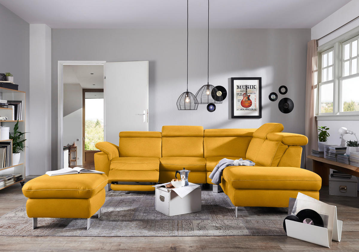 ECKSOFA in Flachgewebe, Mikrofaser Gelb  271/239 cm  - Gelb/Beige, Design, Textil/Metall (271/239cm) - Cantus