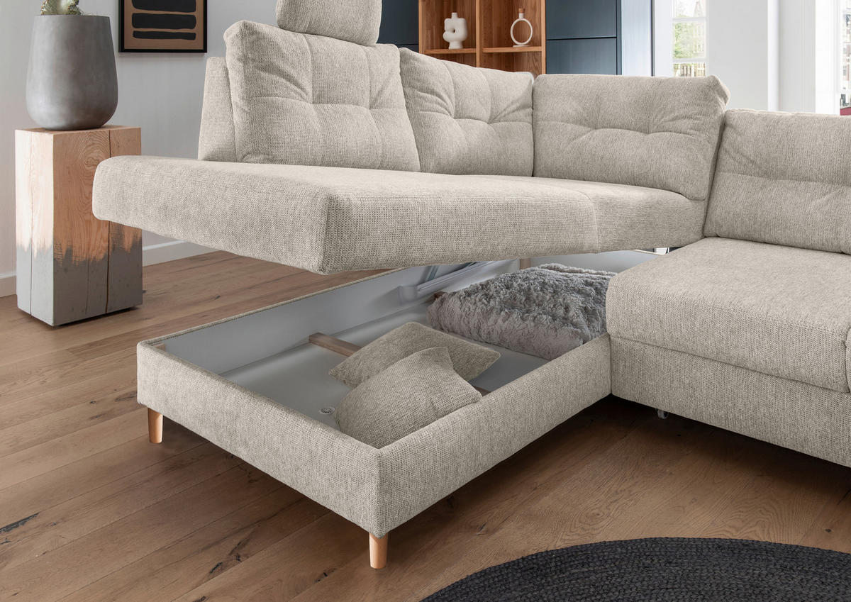 ECKSOFA in Chenille Beige  - Beige/Naturfarben, Modern, Holz/Textil (206/264cm) - Livetastic