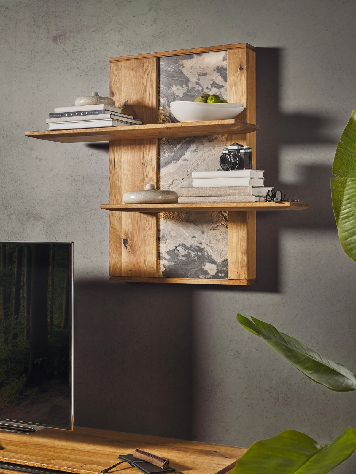 WOHNWAND  in Eichefarben  320/205,7/53,7 cm  - Eichefarben/Schwarz, Natur, Glas/Holz (320/205,7/53,7cm) - Valnatura