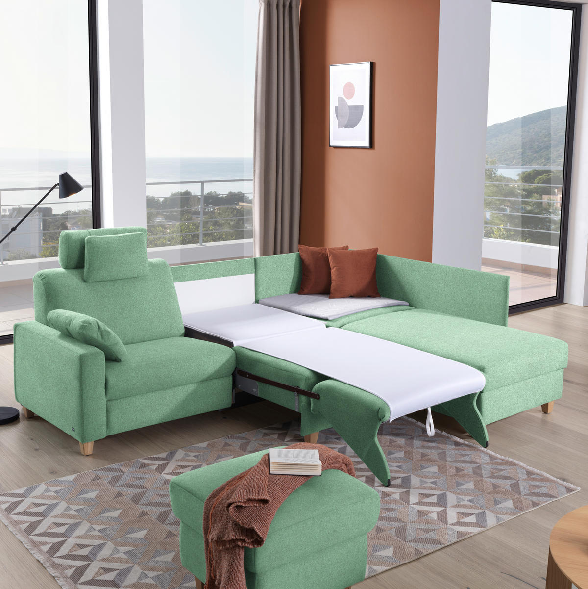 ECKSOFA in Flachgewebe Mintgrün  261/203 cm  - Eichefarben/Mintgrün, KONVENTIONELL, Holz/Textil (261/203cm) - Sedda