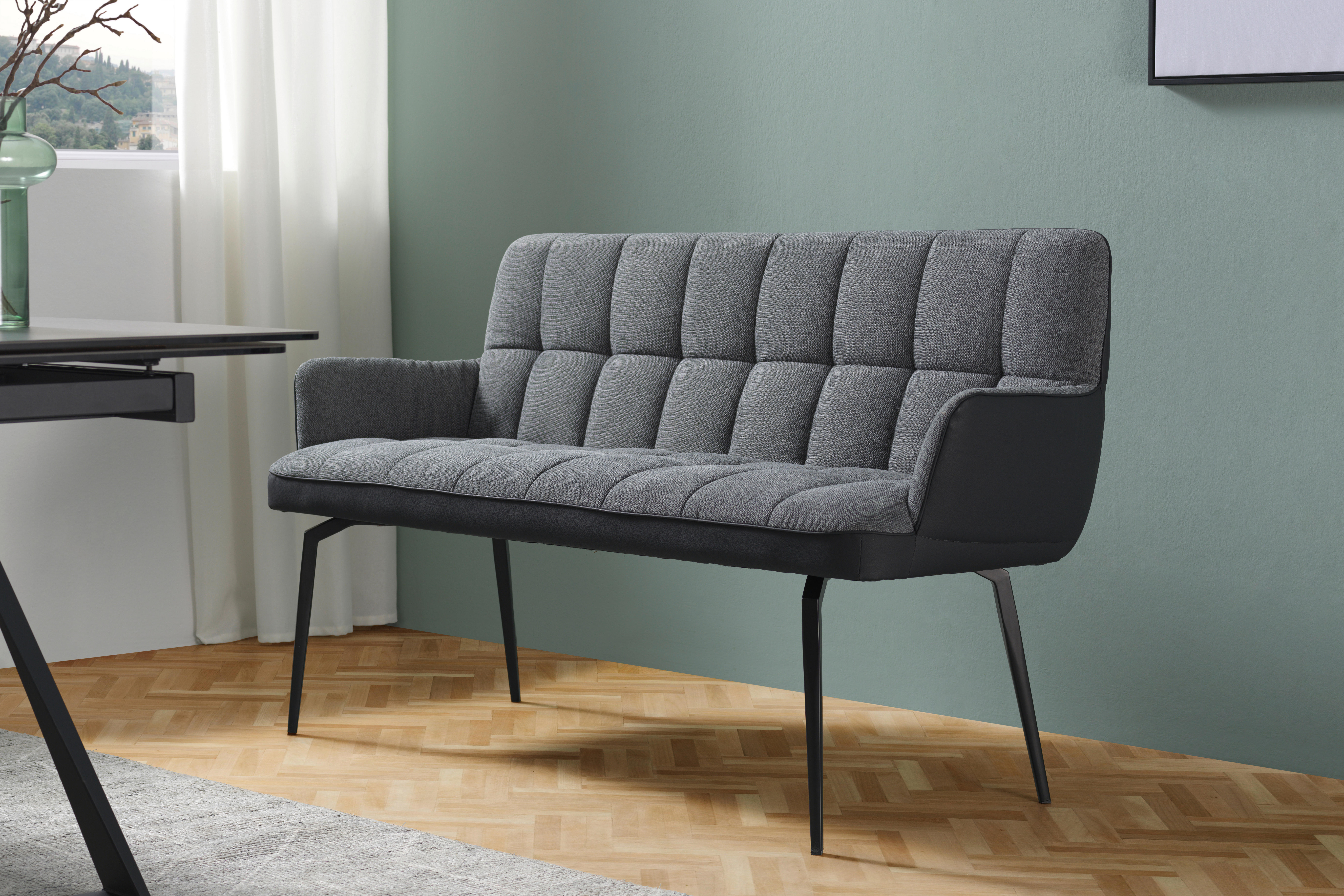 SITZBANK 162/88/63 cm Lederlook, Webstoff Schwarz, Grau  - Schwarz/Grau, MODERN, Textil/Metall (162/88/63cm) - Livetastic