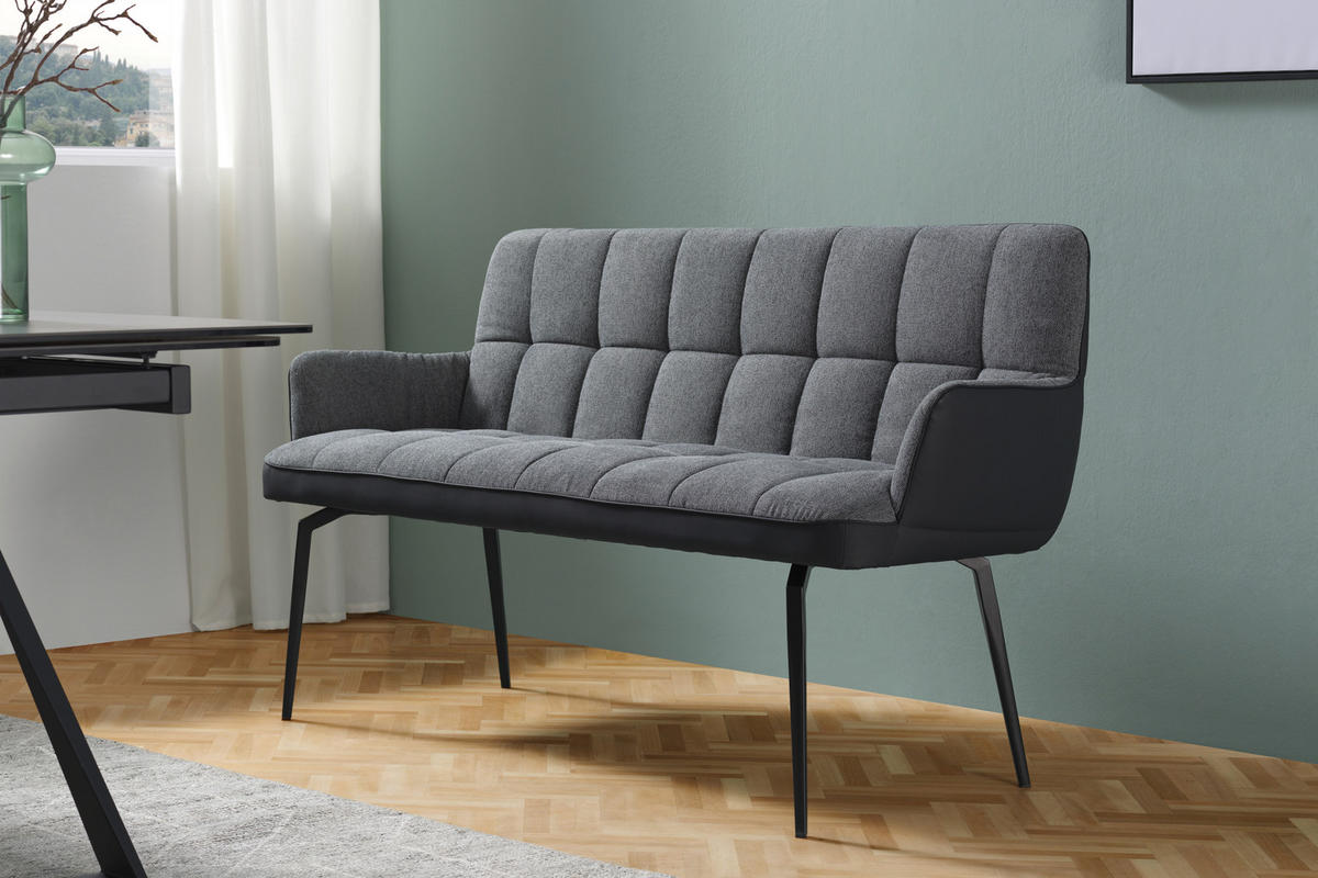 SITZBANK 162/88/63 cm Lederlook, Webstoff Grau, Schwarz  - Schwarz/Grau, MODERN, Textil/Metall (162/88/63cm) - Livetastic