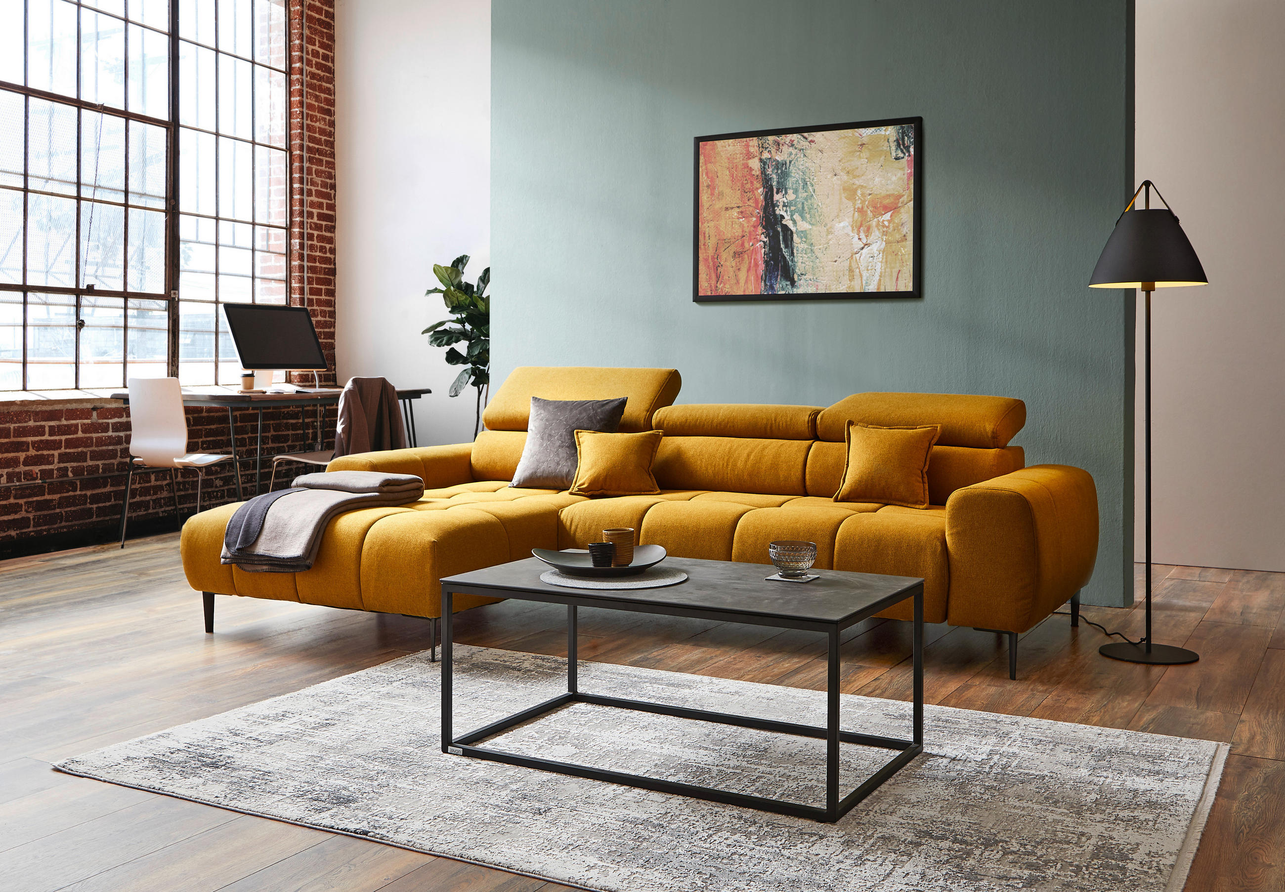 ECKSOFA in Webstoff Currygelb  - Currygelb/Schwarz, Design, Textil/Metall (177/270cm) - Welnova